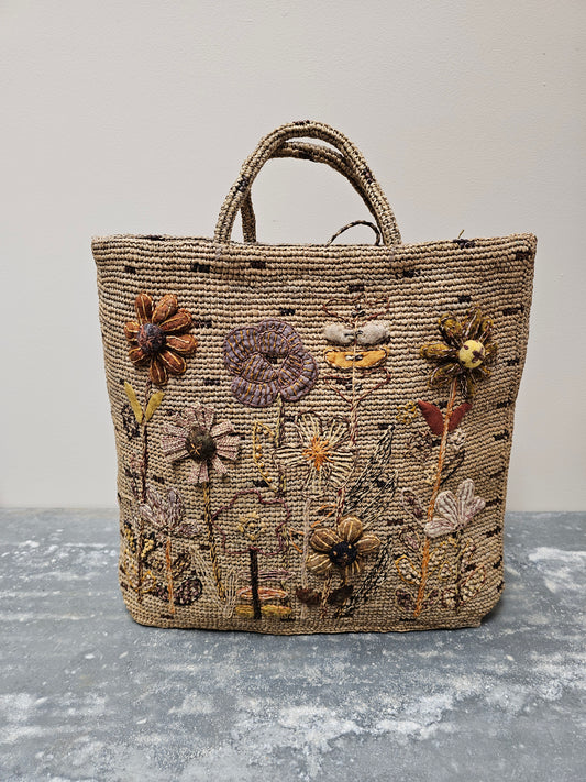 Sophie Digard Large Ecru Raffia Flower Garden Bag