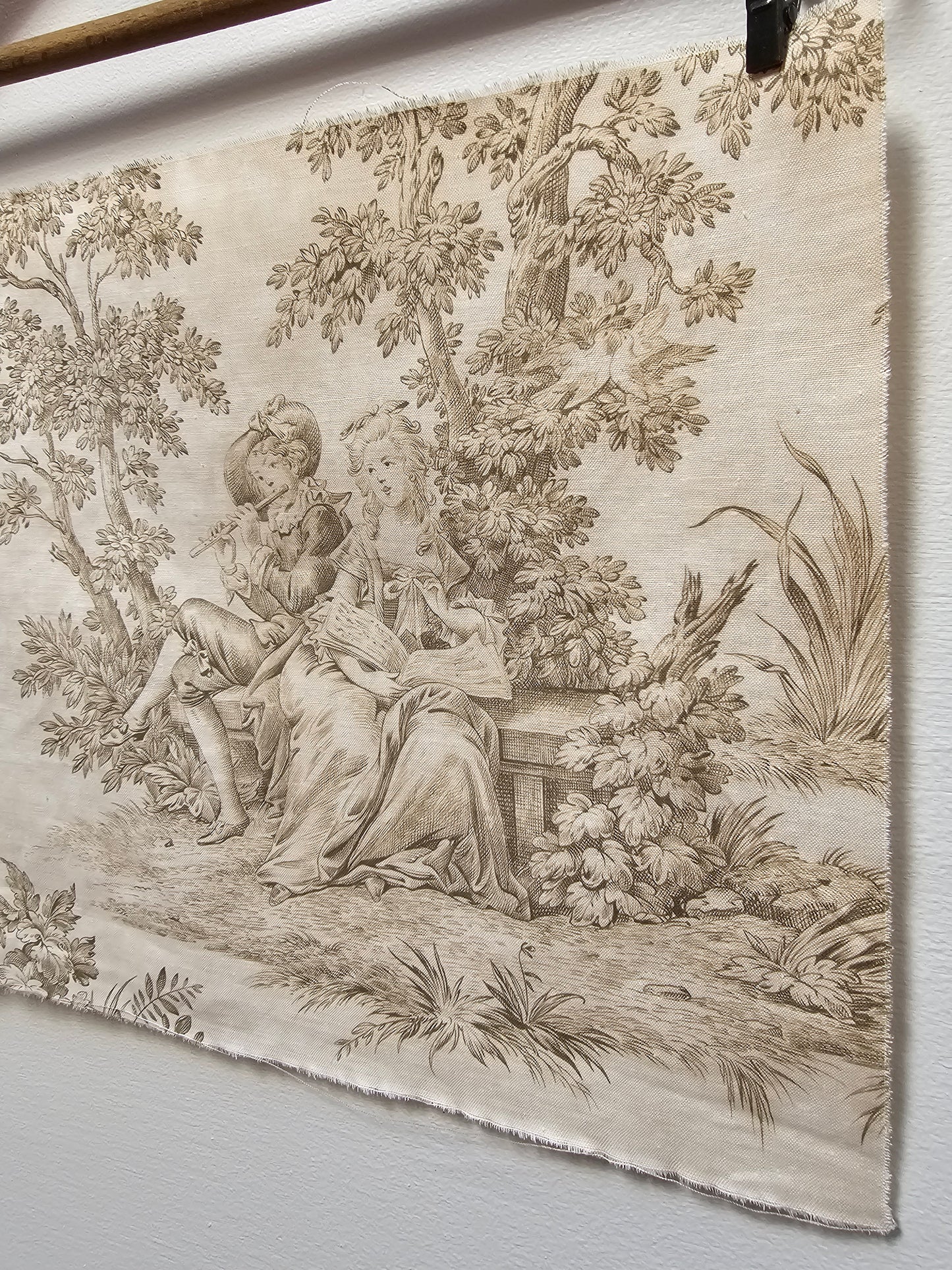 Antique French 'Love Song' Green Toile Fabric Cotton Piece
