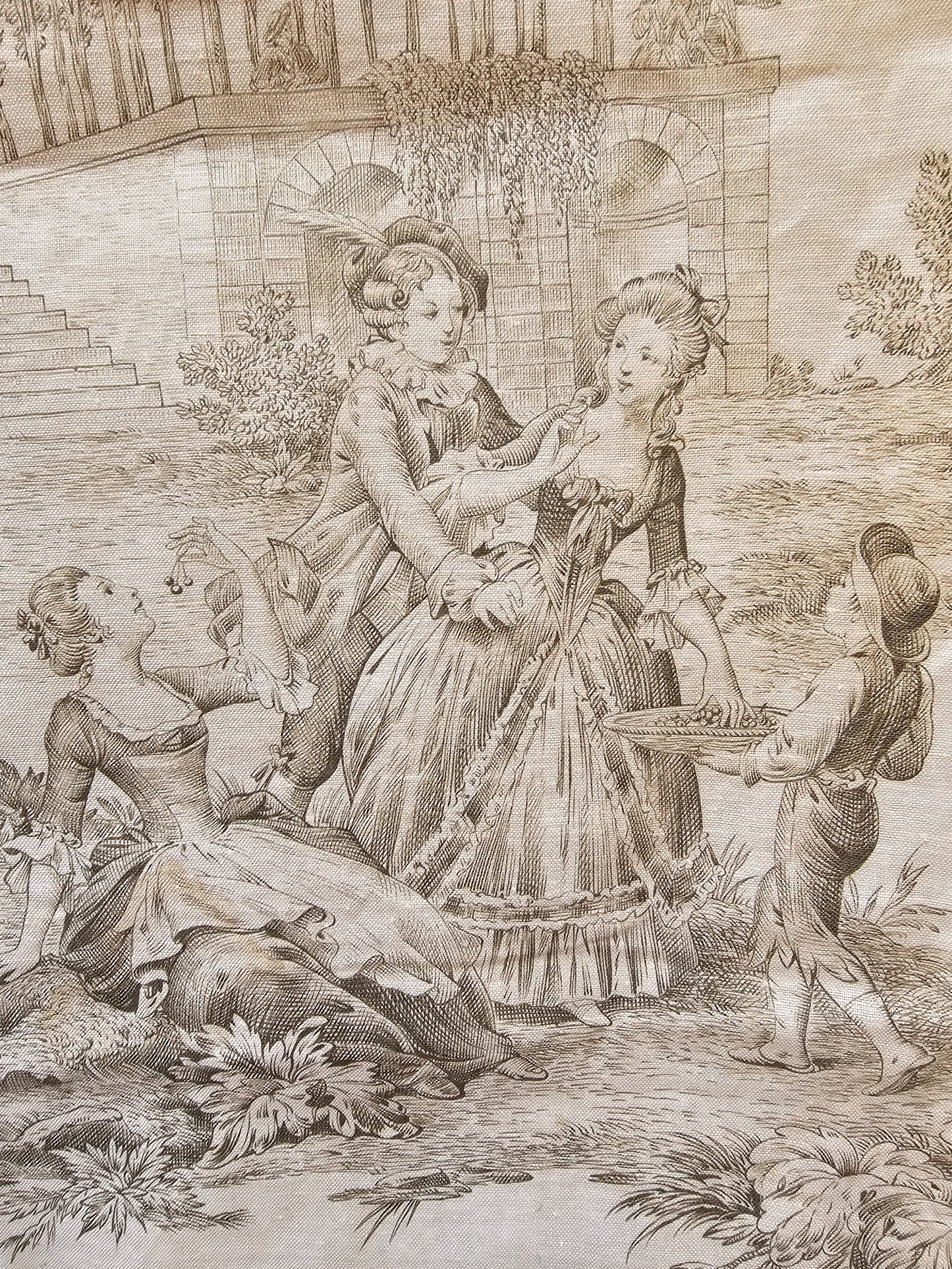Antique French 'Garden Party' Green Toile Fabric Cotton Piece