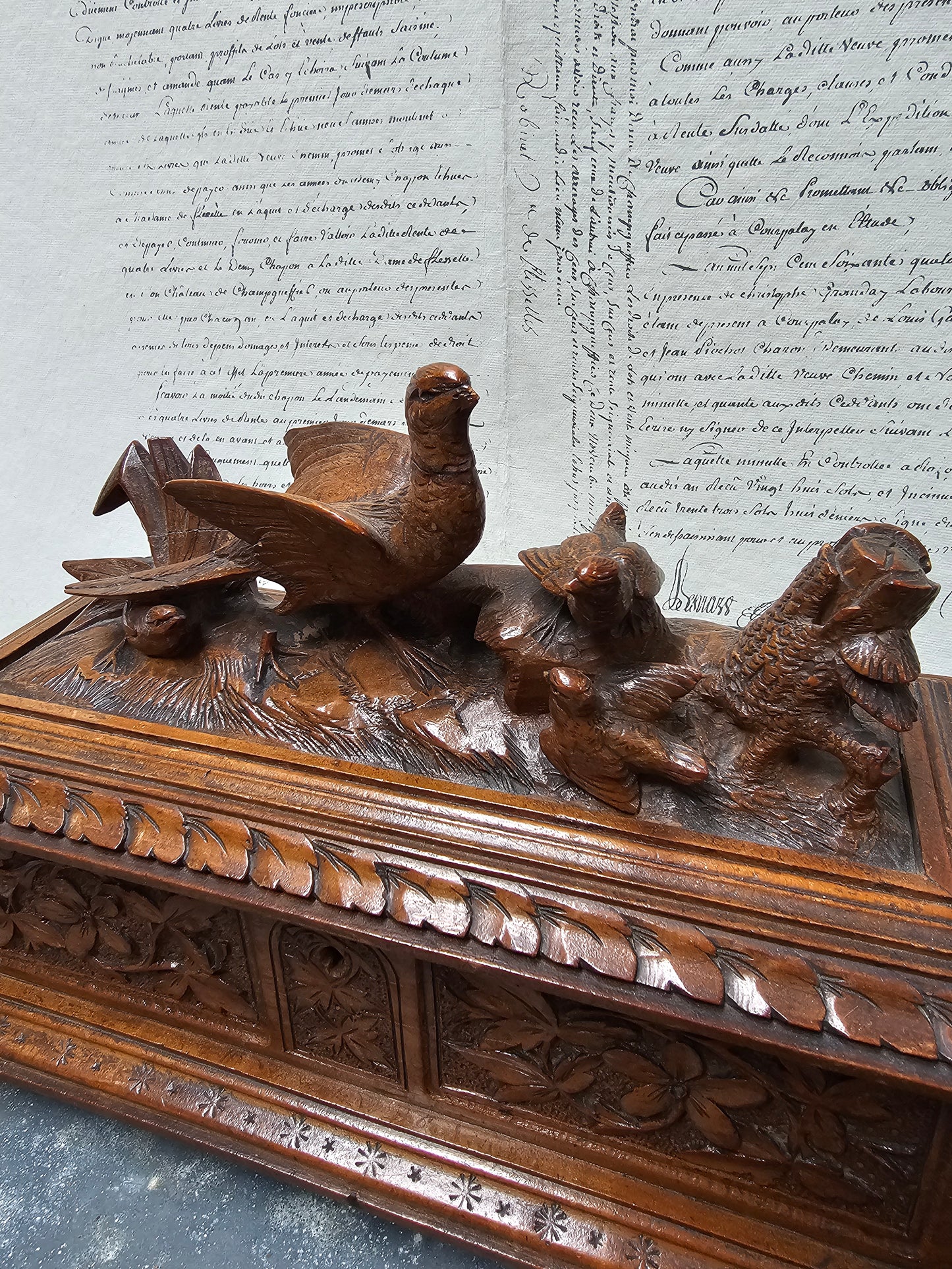 Antique French 'Birds' Black Forest Carved Wooden Box