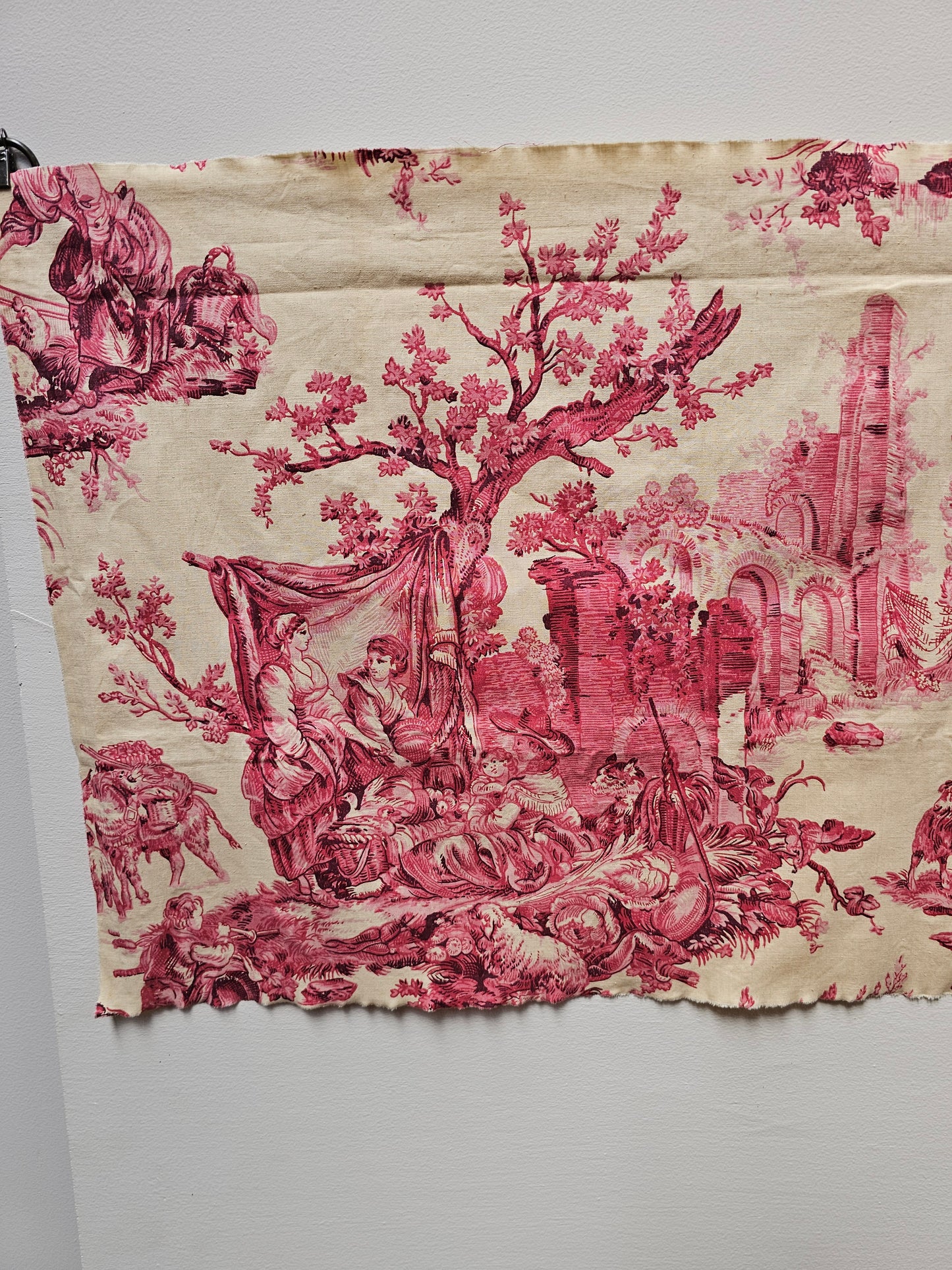 Antique French 'Picnic' Raspberry Toile Fabric Cotton Piece 65x40cm