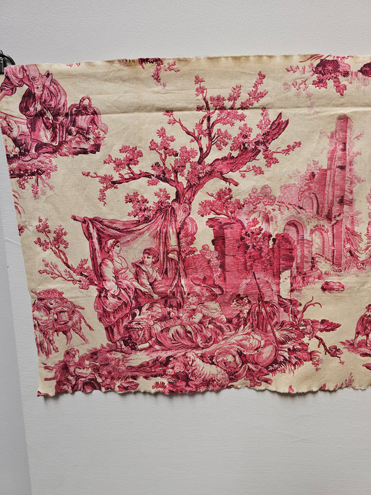 Antique French 'Picnic' Raspberry Toile Fabric Cotton Piece 65x40cm
