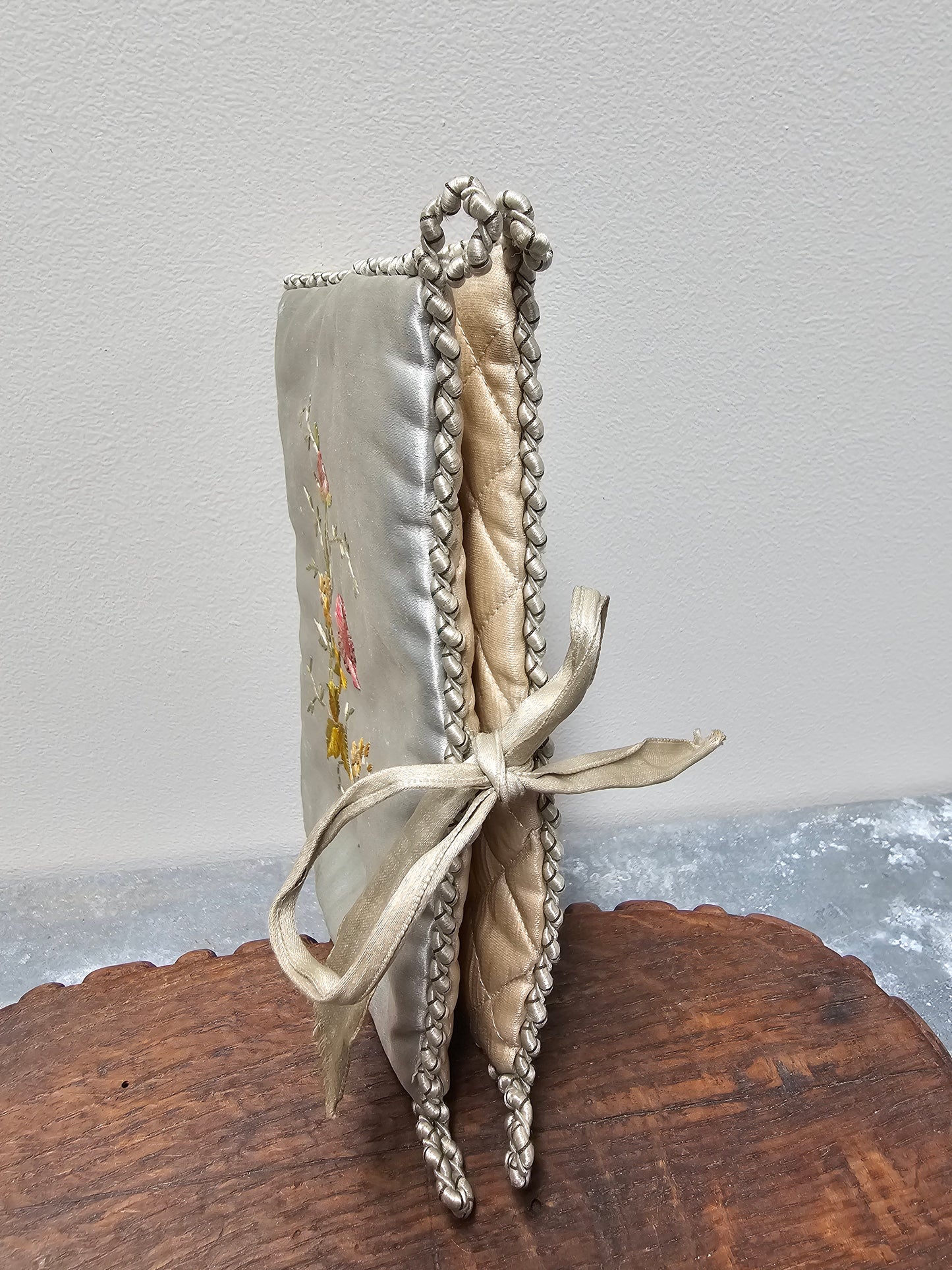 Antique French Blue Silk Needle Book with Floral Embroidery