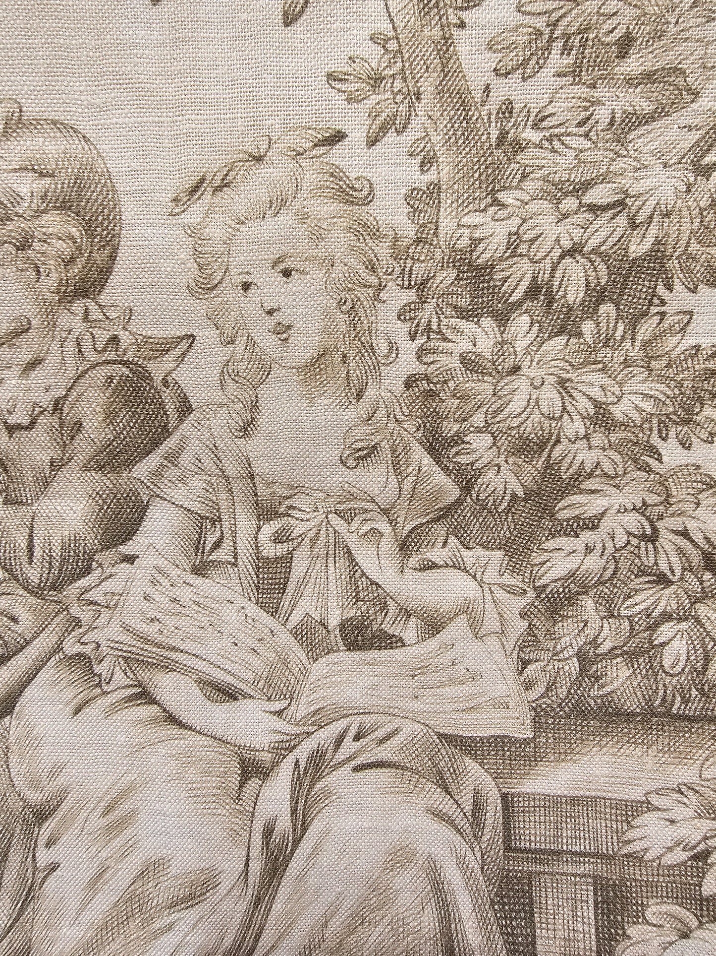 Antique French 'Love Song' Green Toile Fabric Cotton Piece