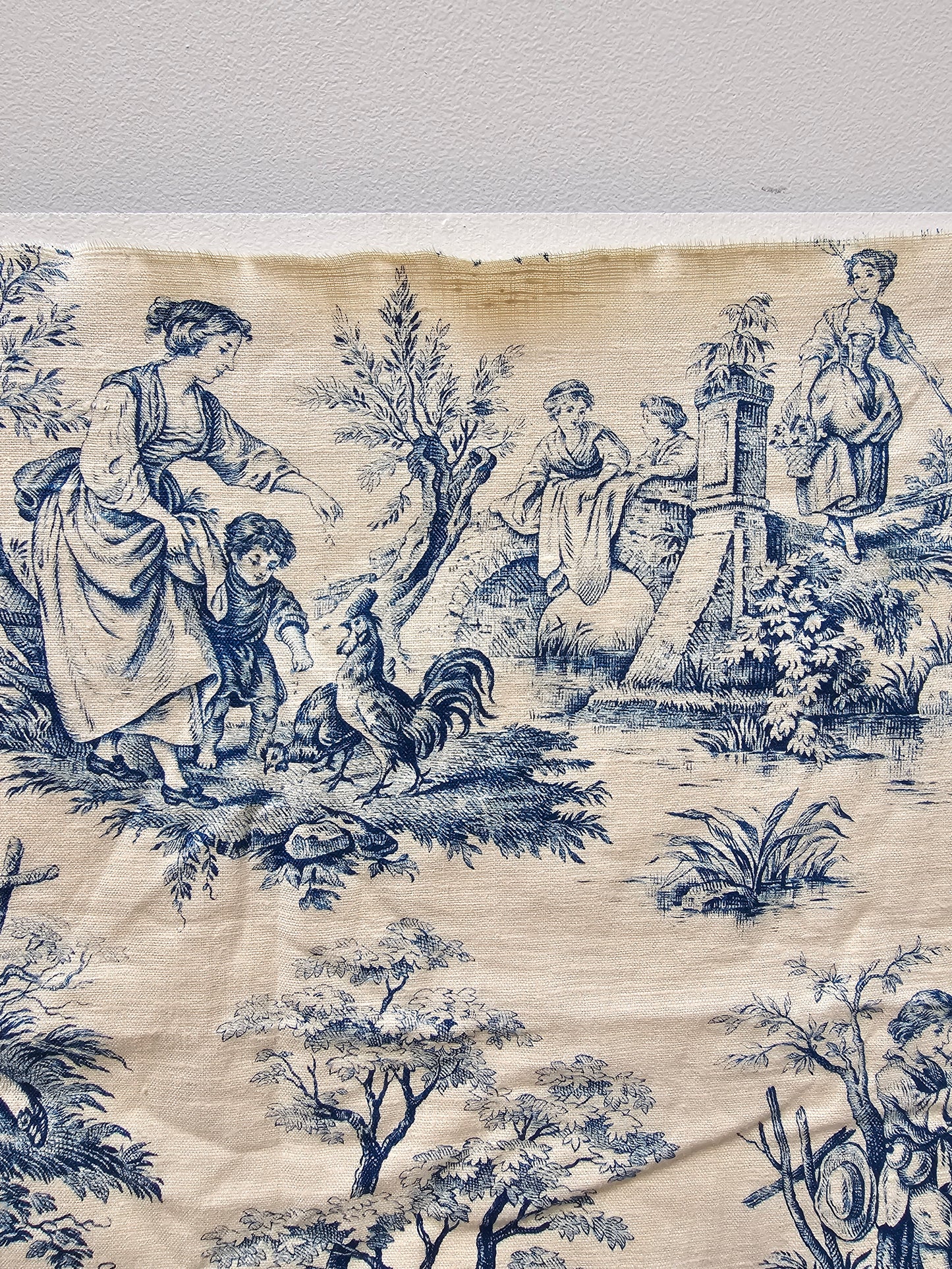 Antique French Blue 'Pastoral Scene' Toile Fabric Linen Piece 30x80cm