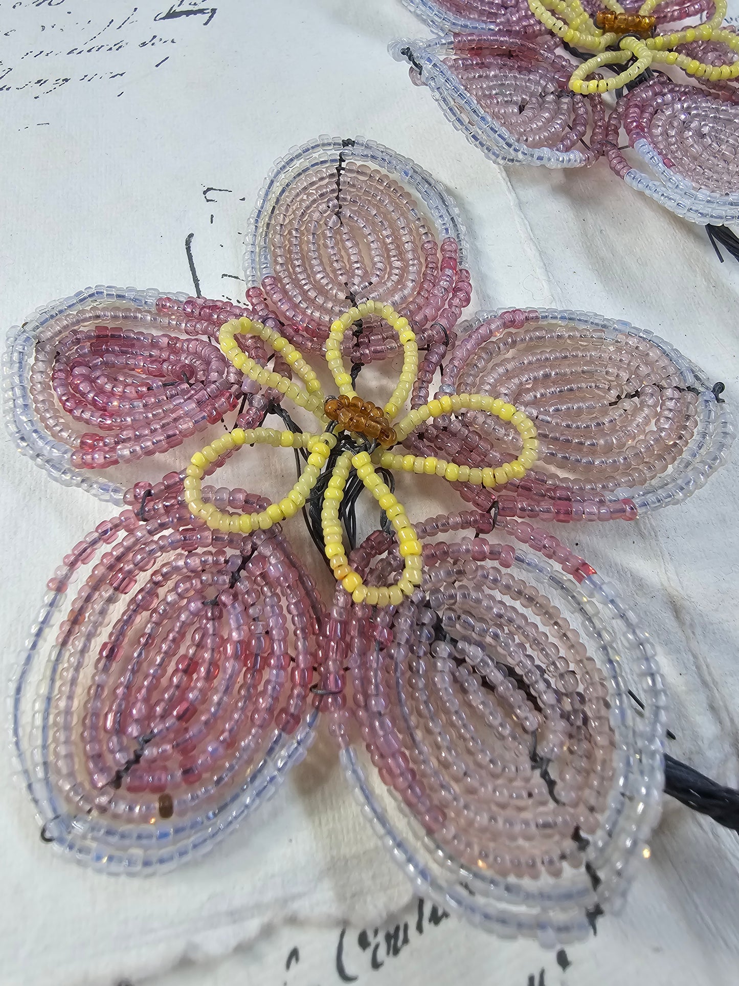 Antique French Glass Beaded Flower Pair