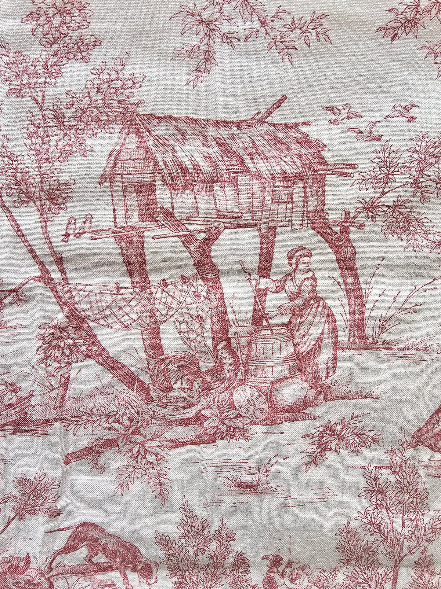 Antique French 'The Hamlet’ Raspberry Toile Fabric Cotton Piece 55x55cm