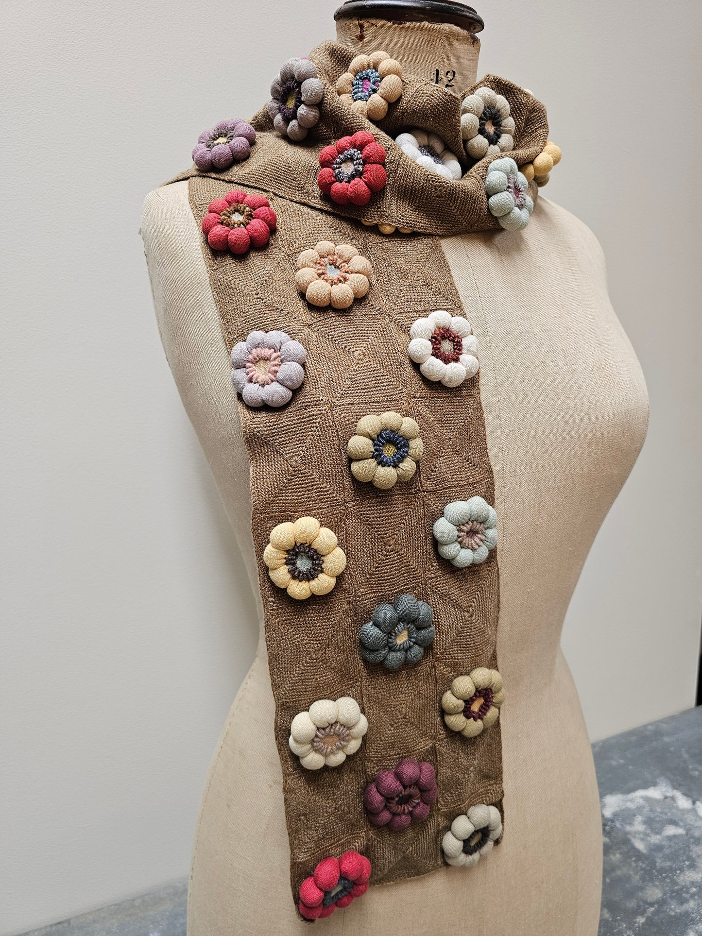 Sophie Digard Latte Crochet Wool Scarf with Large Bobble Flowers