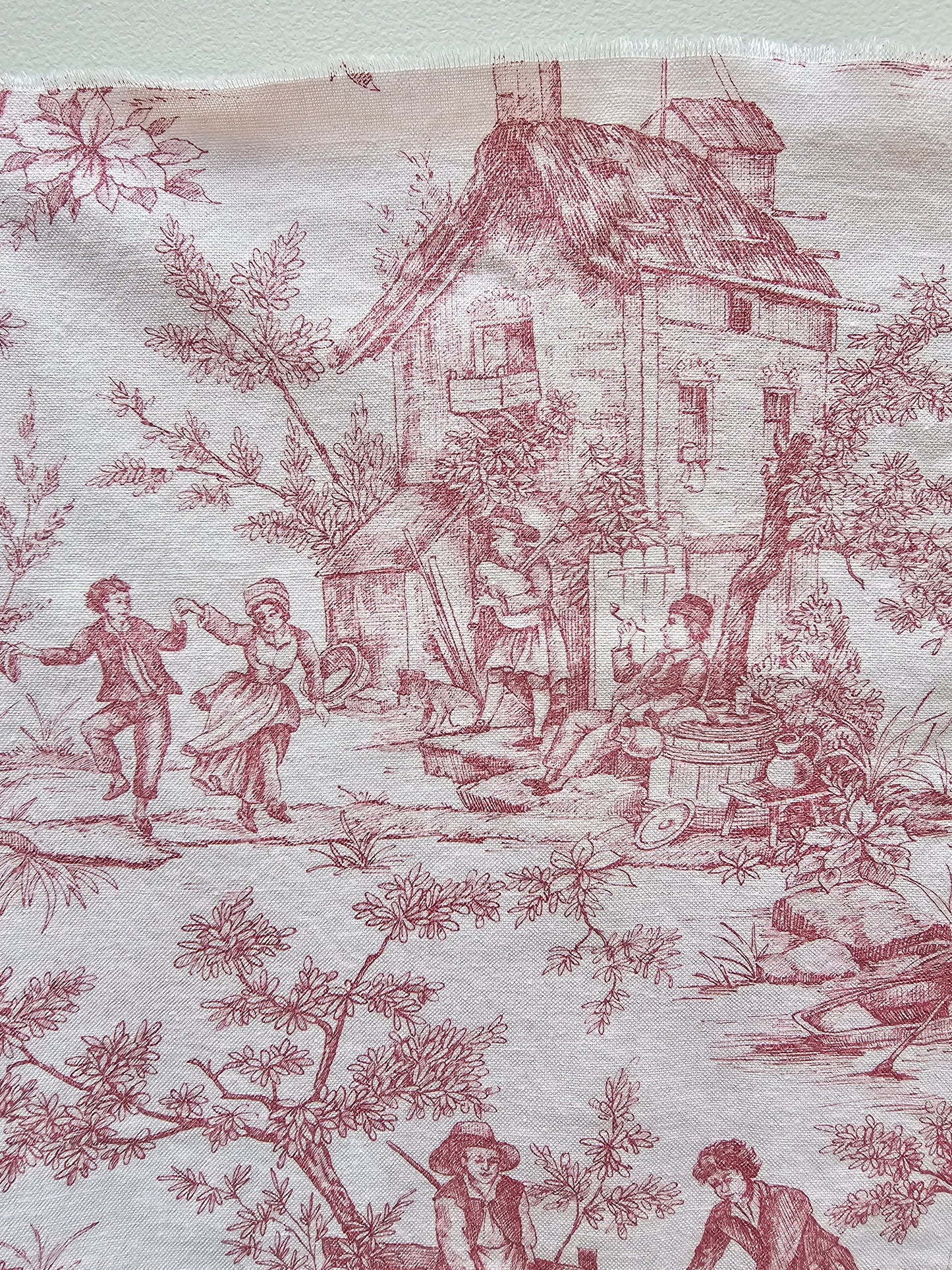 Antique French 'The Hamlet’ Raspberry Toile Fabric Cotton Piece 55x55cm