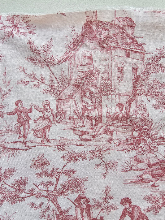 Antique French 'The Hamlet’ Raspberry Toile Fabric Cotton Piece 55x55cm