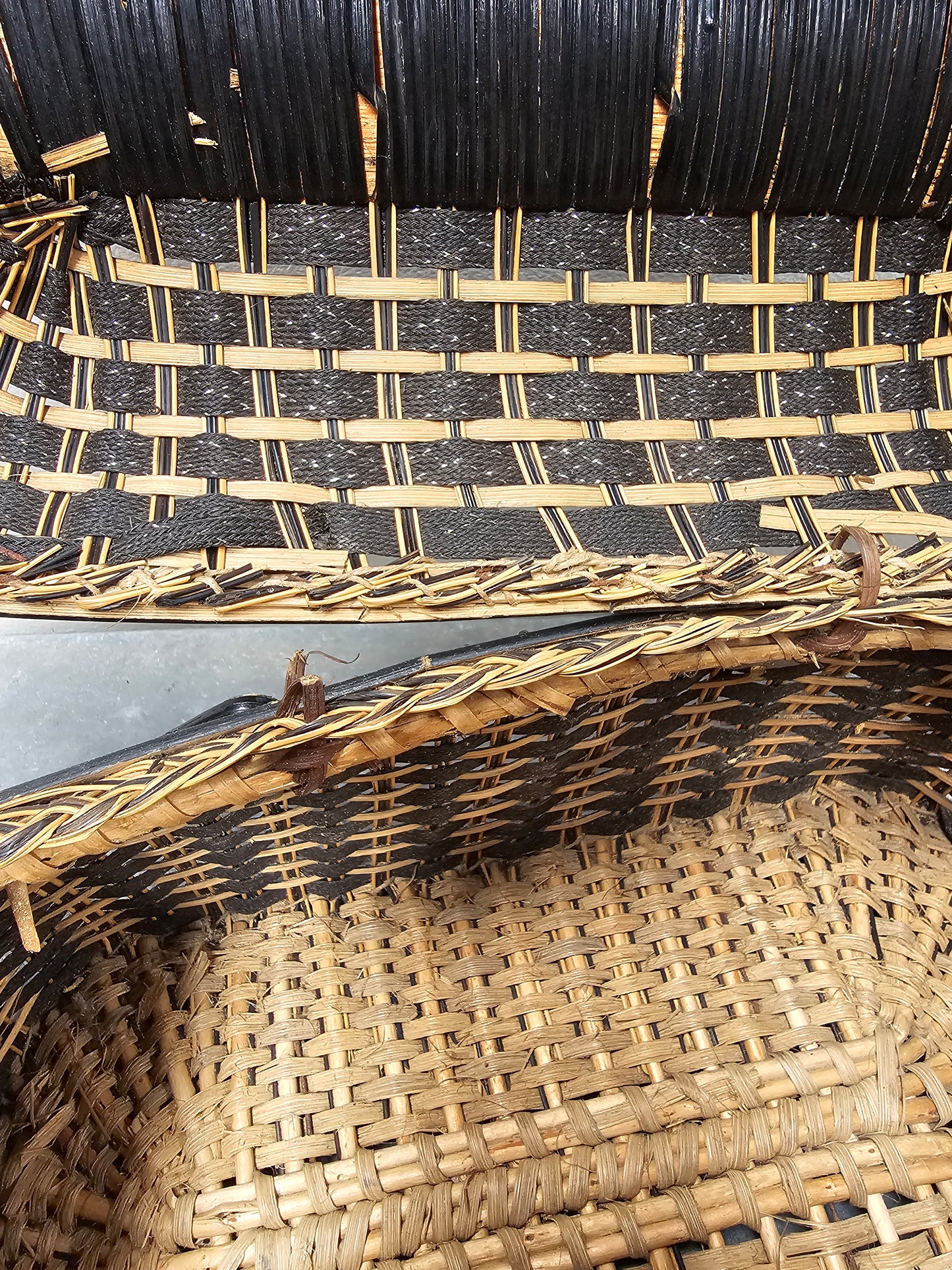 Antique French Art Deco Cane Basket - Black & Ecru