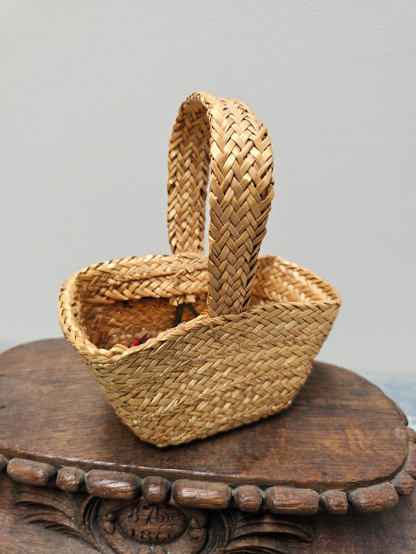 Vintage French Petite Cherry Raffia Basket