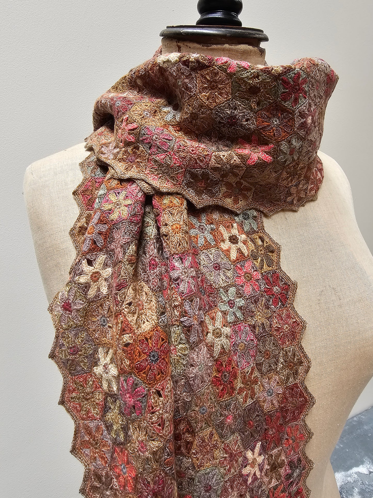 Sophie Digard Warm Geometric Floral Crochet Wool Scarf