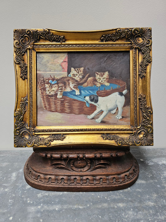 Vintage European Kittens & Puppy Framed Painting