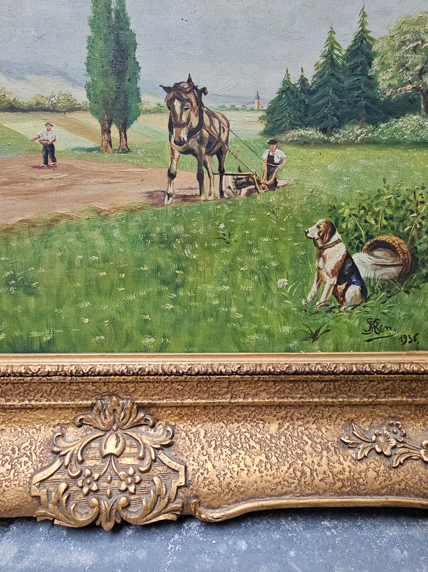 Antique European Pastoral Scene Painting - 1936