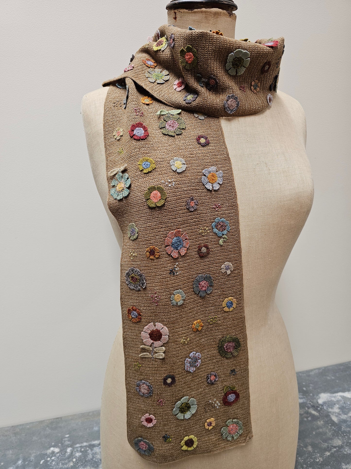 Sophie Digard Floral Latte Crochet Wool Scarf