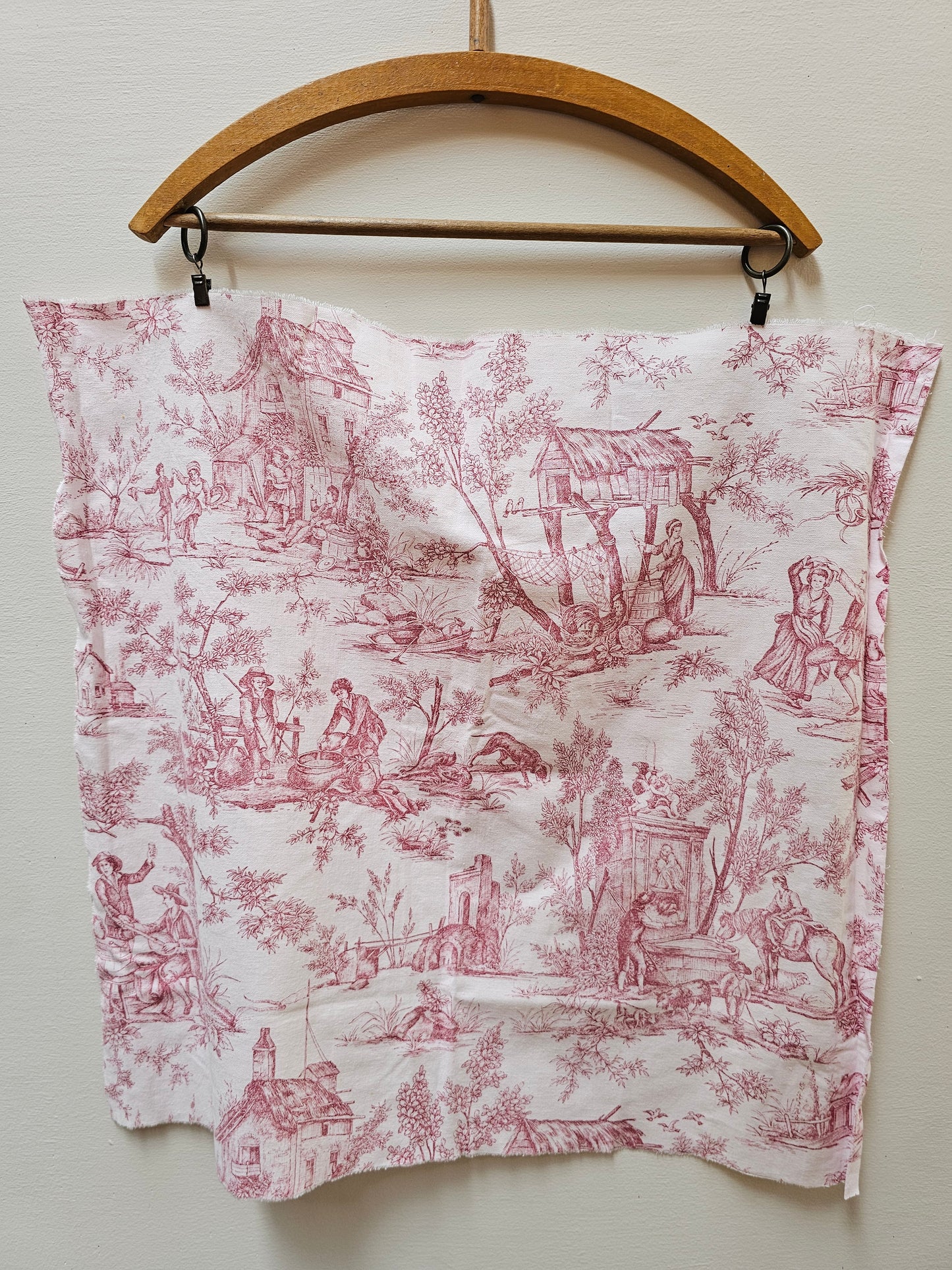 Antique French 'The Hamlet’ Raspberry Toile Fabric Cotton Piece 55x55cm