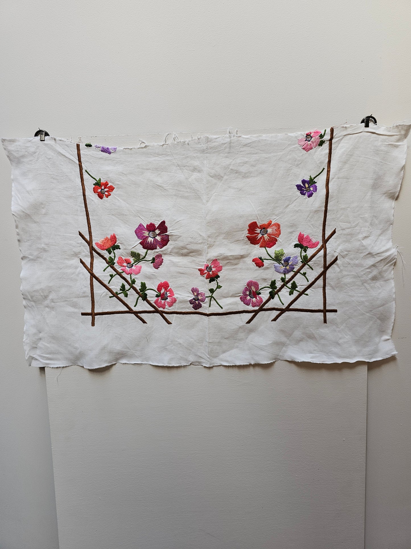 Vintage French Floral Embroidered Fabric Cotton Piece