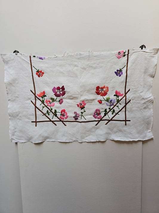 Vintage French Floral Embroidered Fabric Cotton Piece