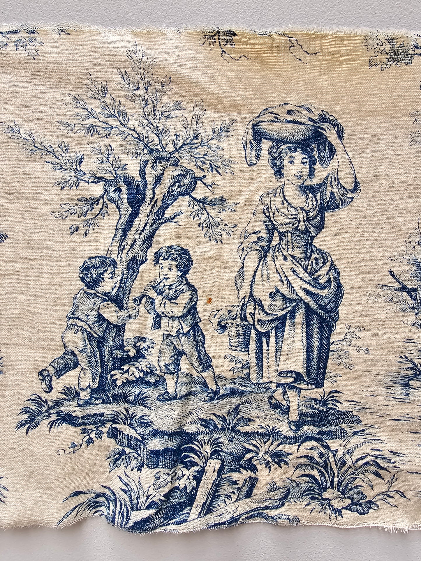 Antique French Blue 'Picnic & Fishing' Toile Fabric Linen Piece 30x80cm