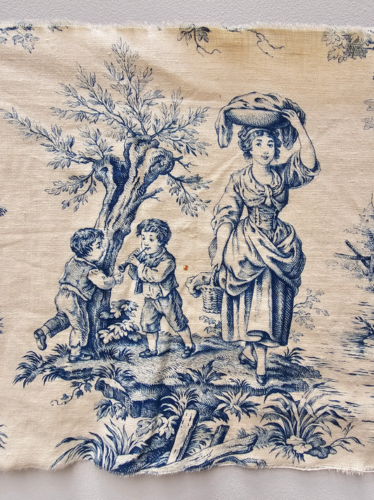 Antique French Blue 'Picnic & Fishing' Toile Fabric Linen Piece 30x80cm