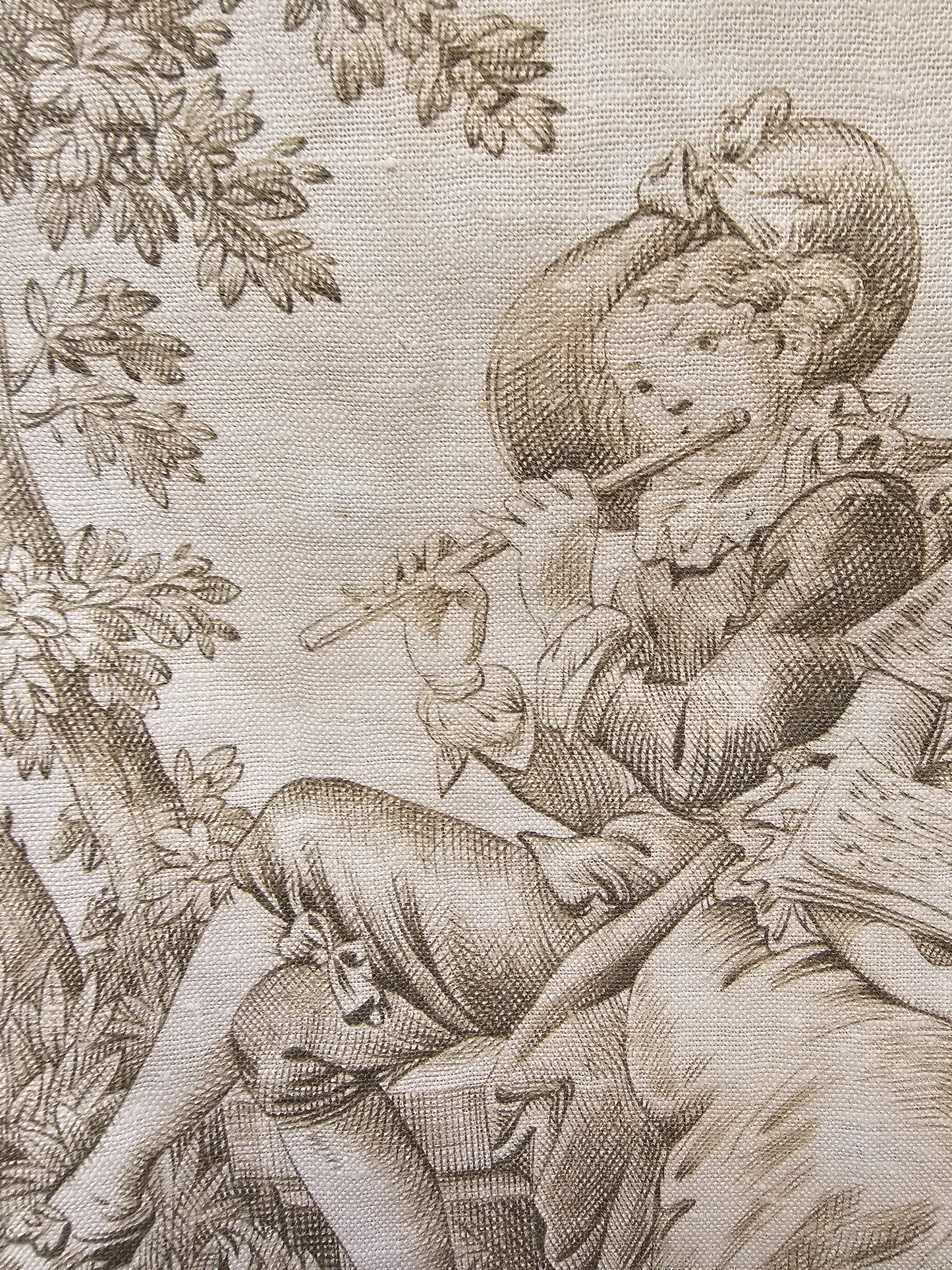 Antique French 'Love Song' Green Toile Fabric Cotton Piece