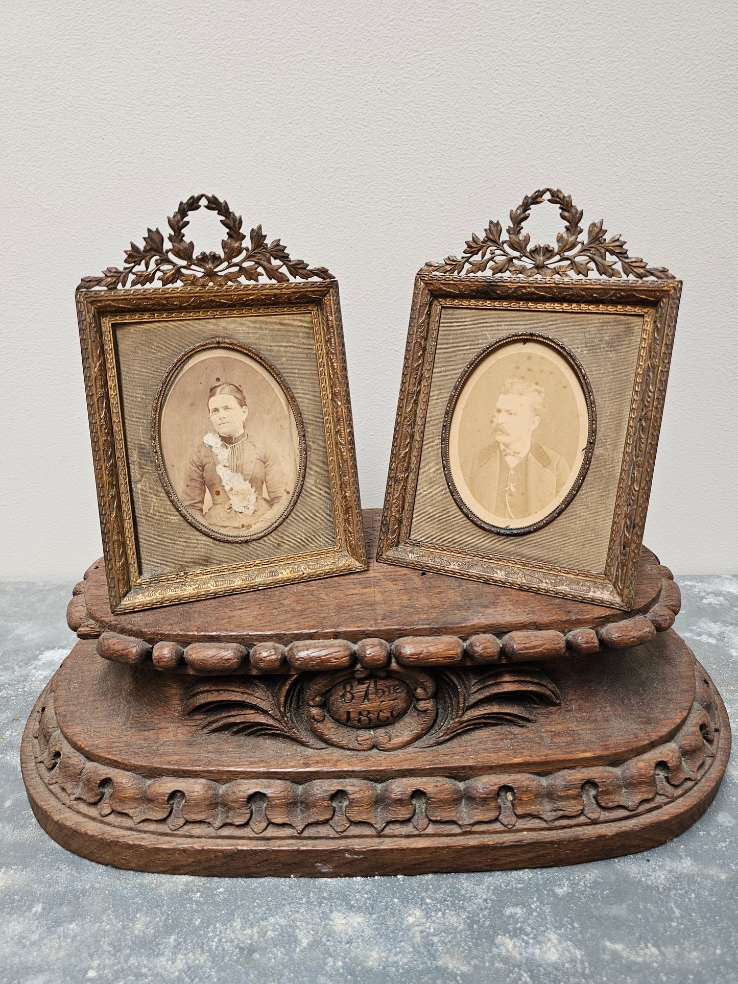 Antique French Pair of Small Brass Photo Frames with Portraits
