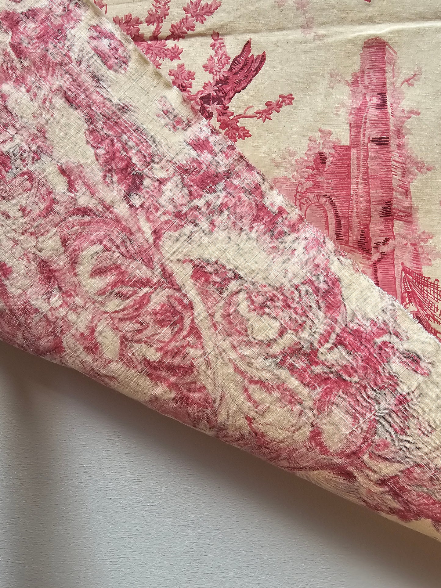Antique French 'Picnic' Raspberry Toile Fabric Cotton Piece 65x40cm