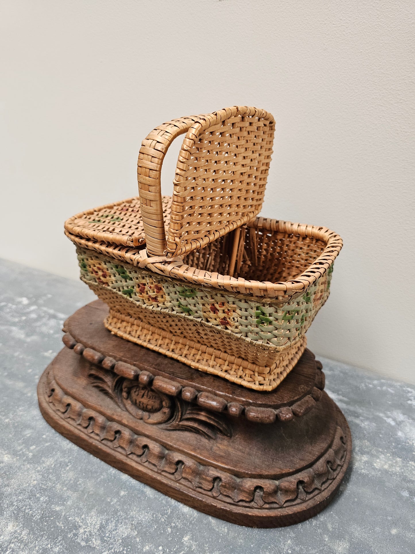 Antique French Petite Floral Cane Picnic/Sewing Basket