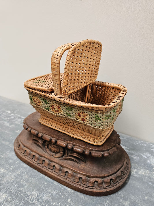 Antique French Petite Floral Cane Picnic/Sewing Basket