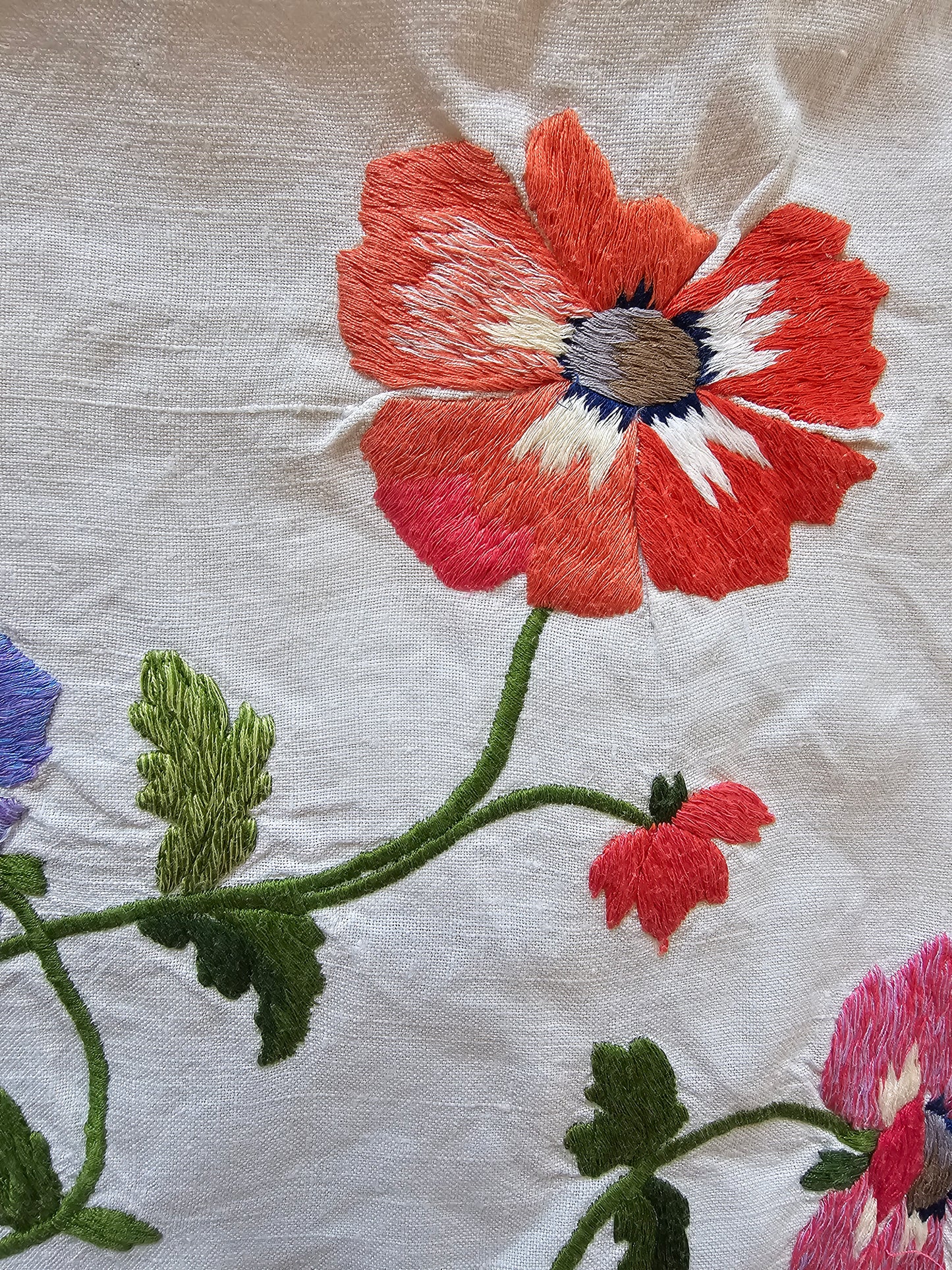 Vintage French Floral Embroidered Fabric Cotton Piece