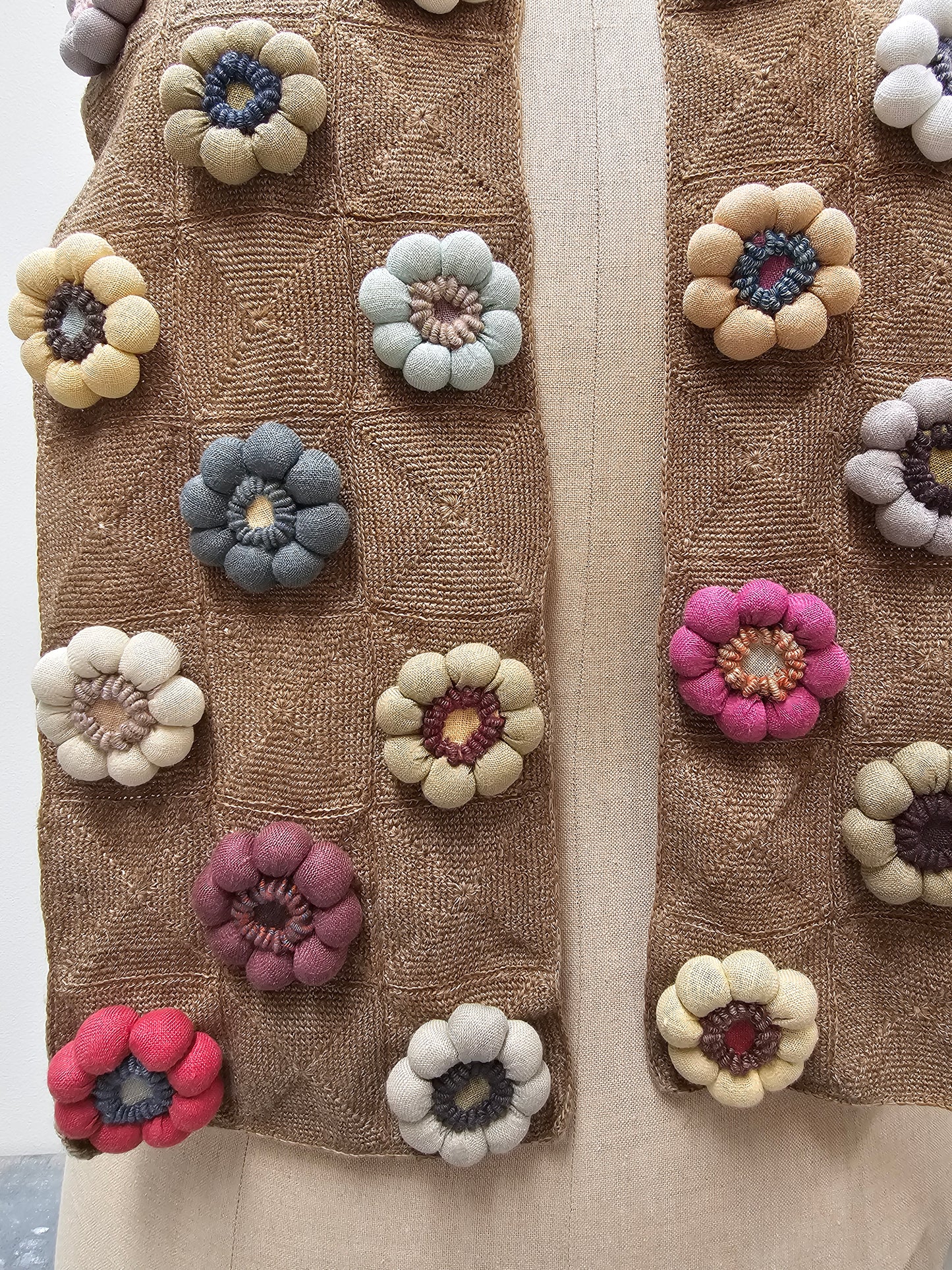 Sophie Digard Latte Crochet Wool Scarf with Large Bobble Flowers