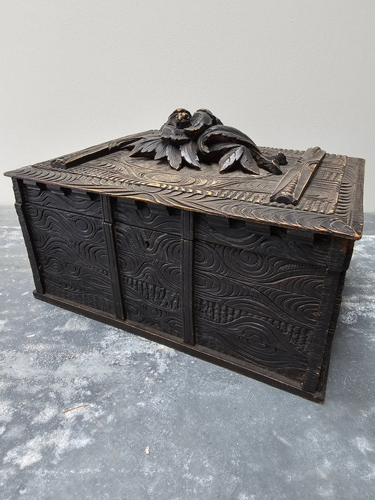 Antique French Large Black Forest Carved Wooden Box
