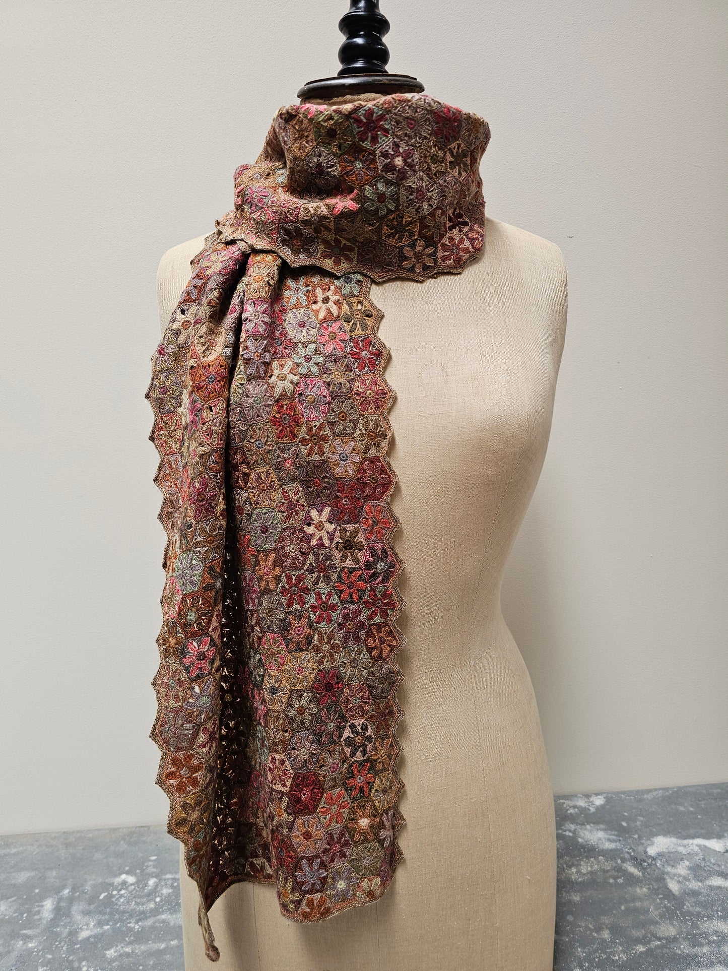 Sophie Digard Warm Geometric Floral Crochet Wool Scarf