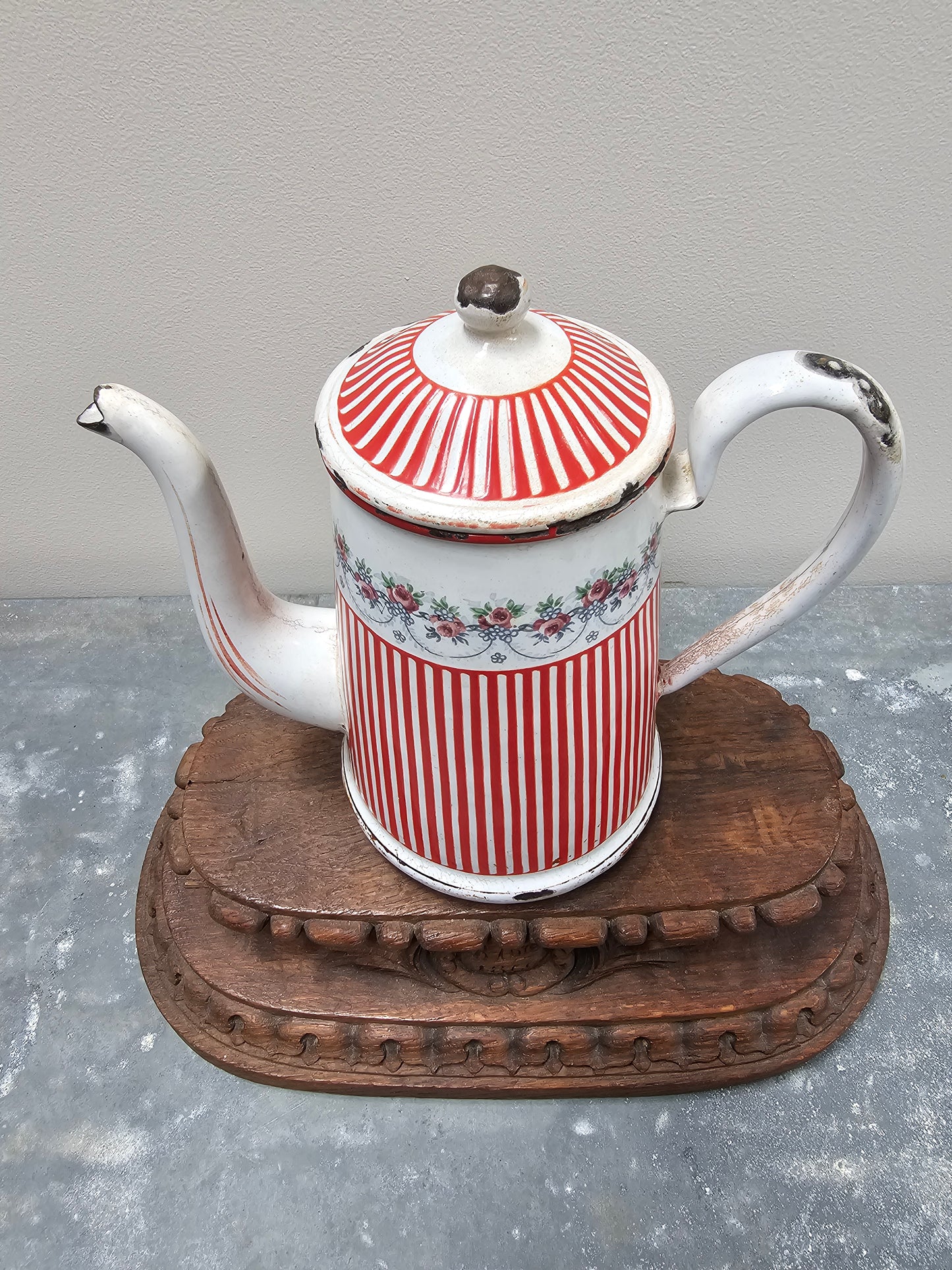 Vintage French Enamel Coffee Pot - Red Stripe with Rose Garland
