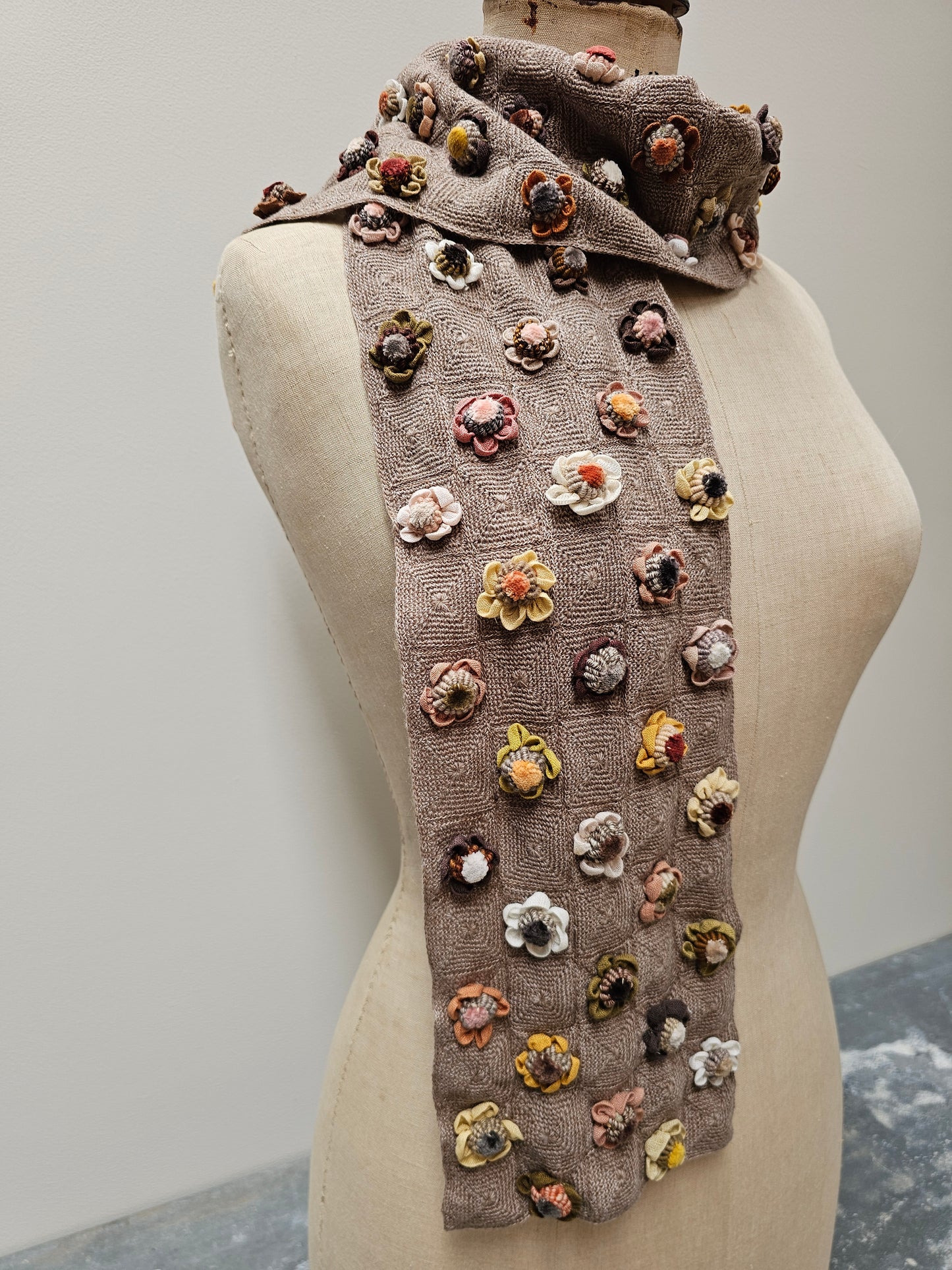 Sophie Digard Mushroom Crochet Wool Scarf with Velvet Flowers