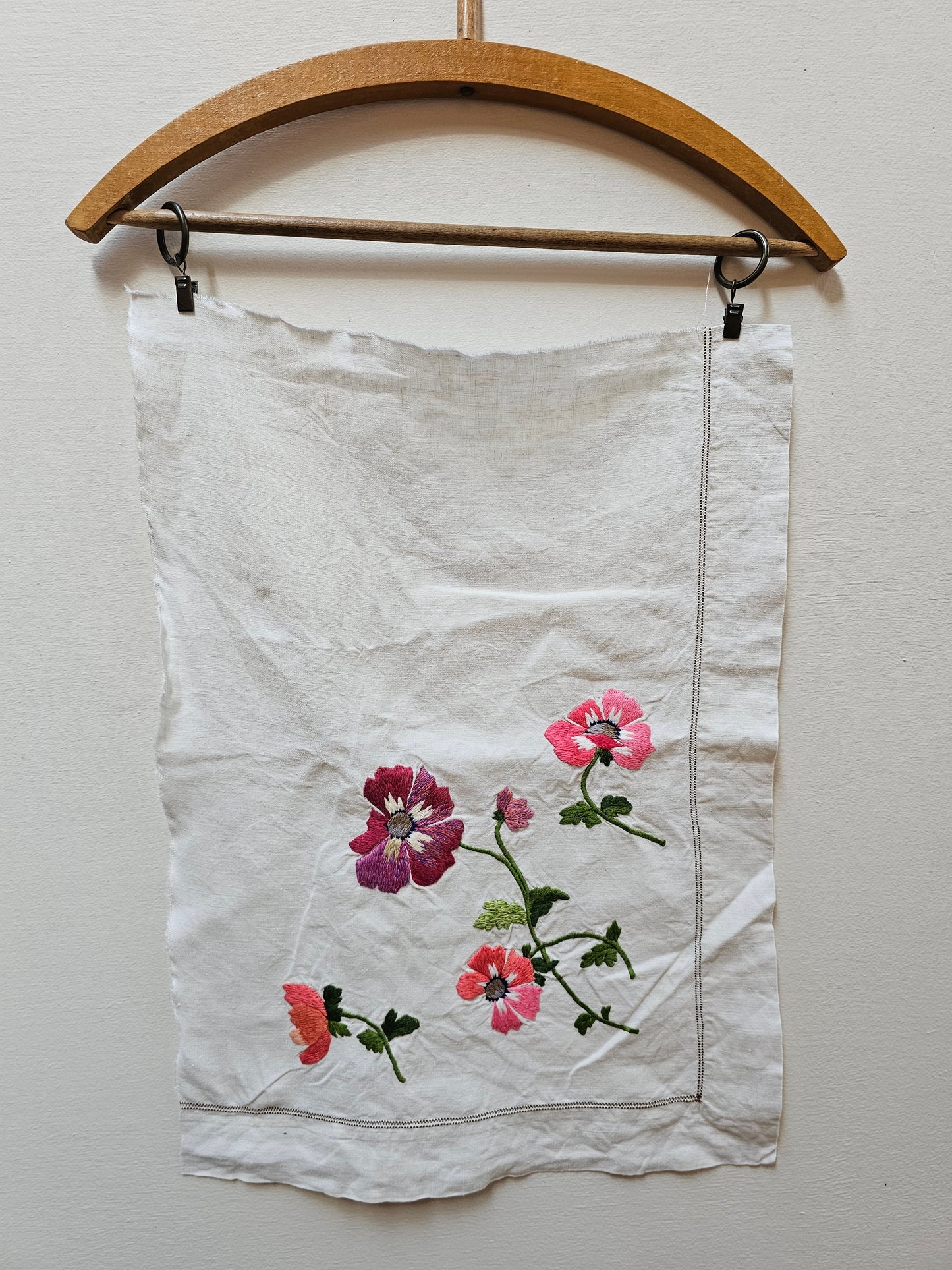 Vintage French Floral Embroidered Fabric Cotton Piece