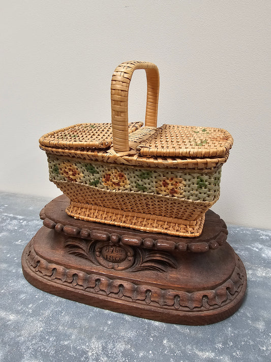 Antique French Petite Floral Cane Picnic/Sewing Basket