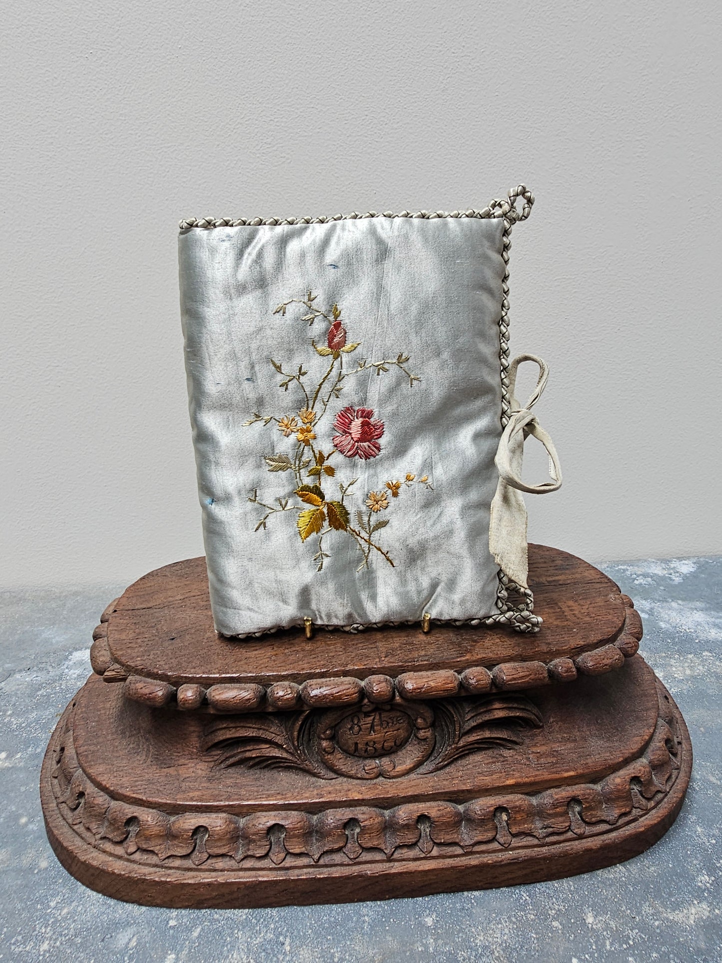 Antique French Blue Silk Needle Book with Floral Embroidery
