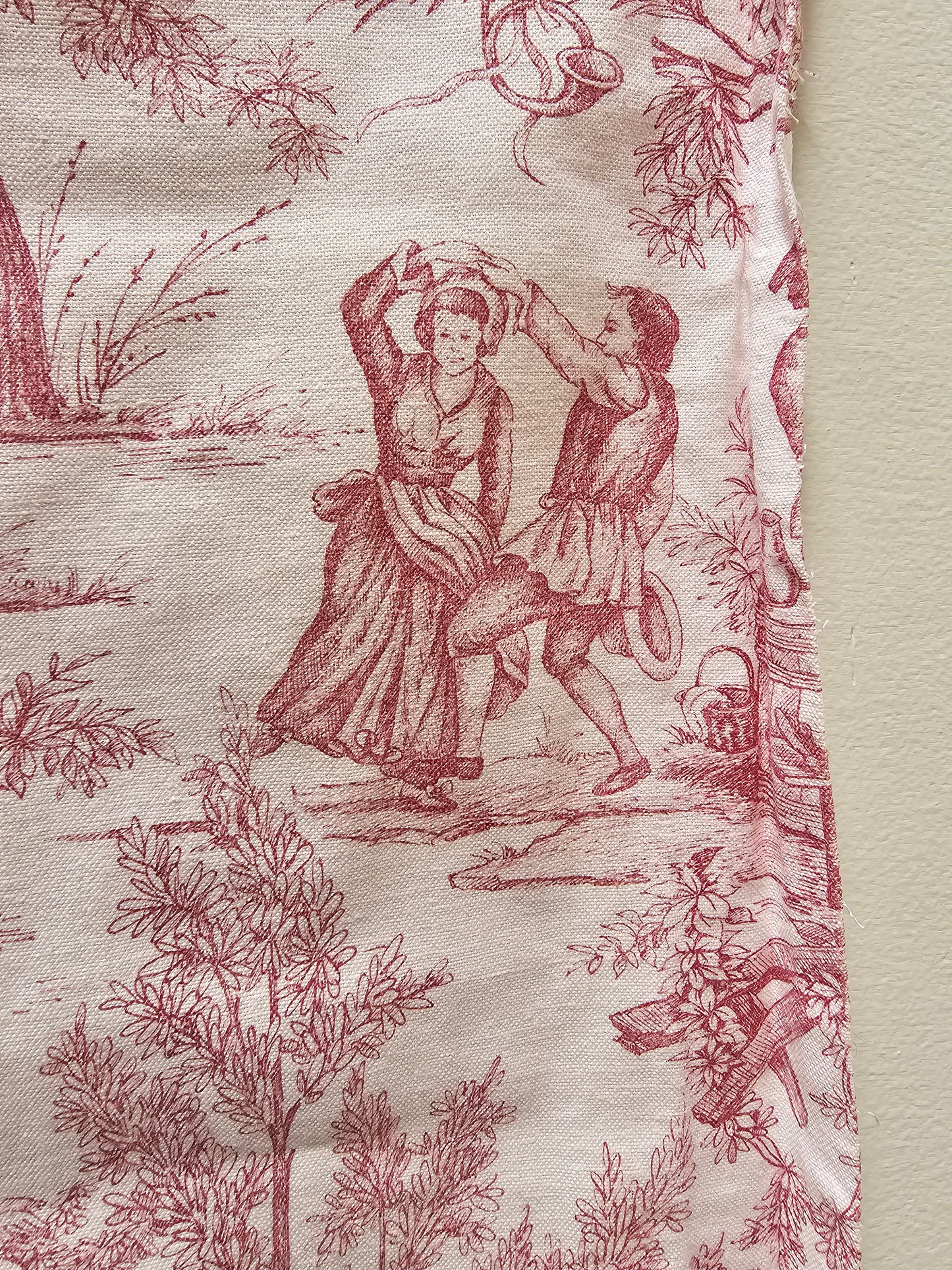 Antique French 'The Hamlet’ Raspberry Toile Fabric Cotton Piece 55x55cm