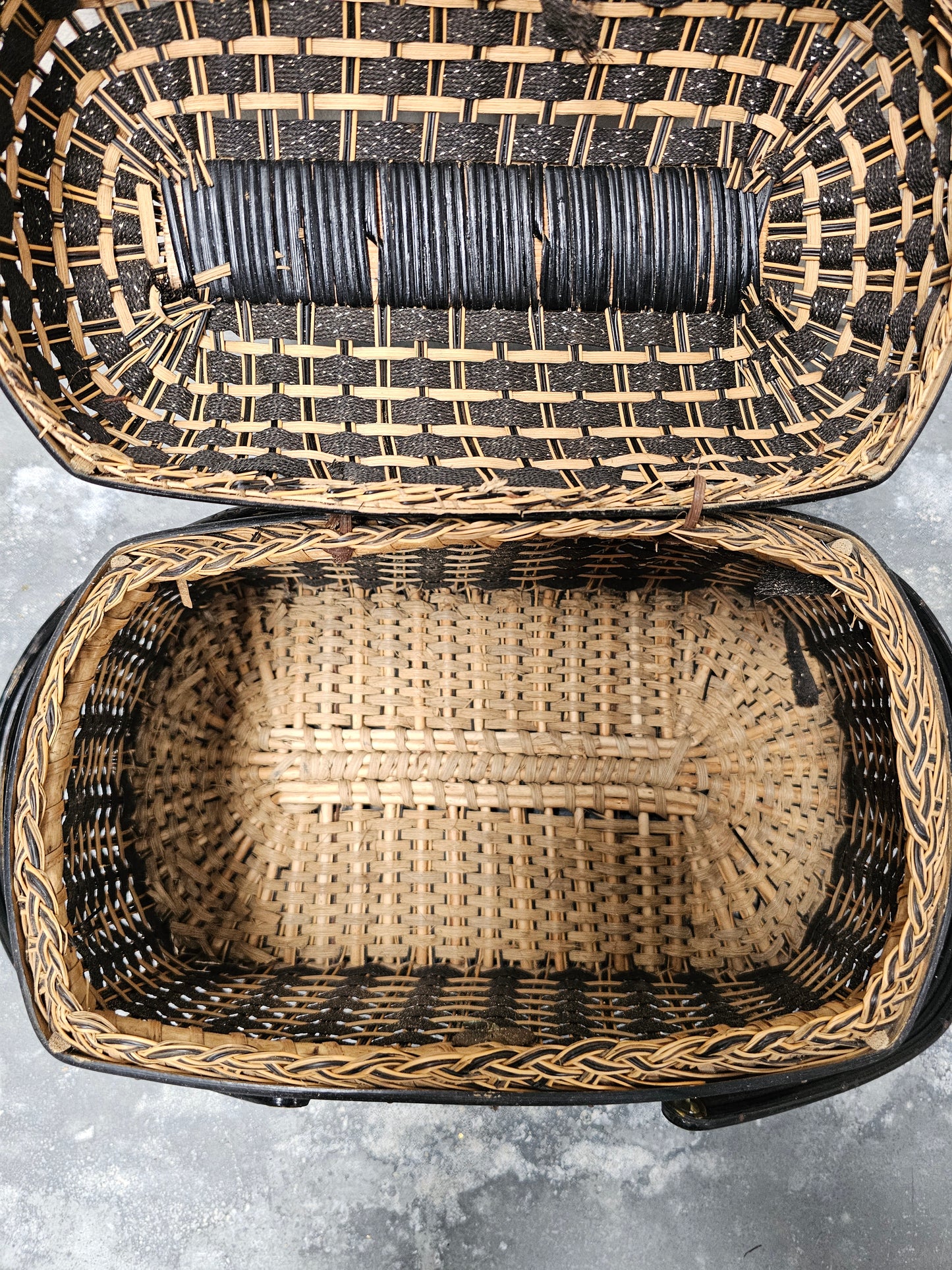 Antique French Art Deco Cane Basket - Black & Ecru