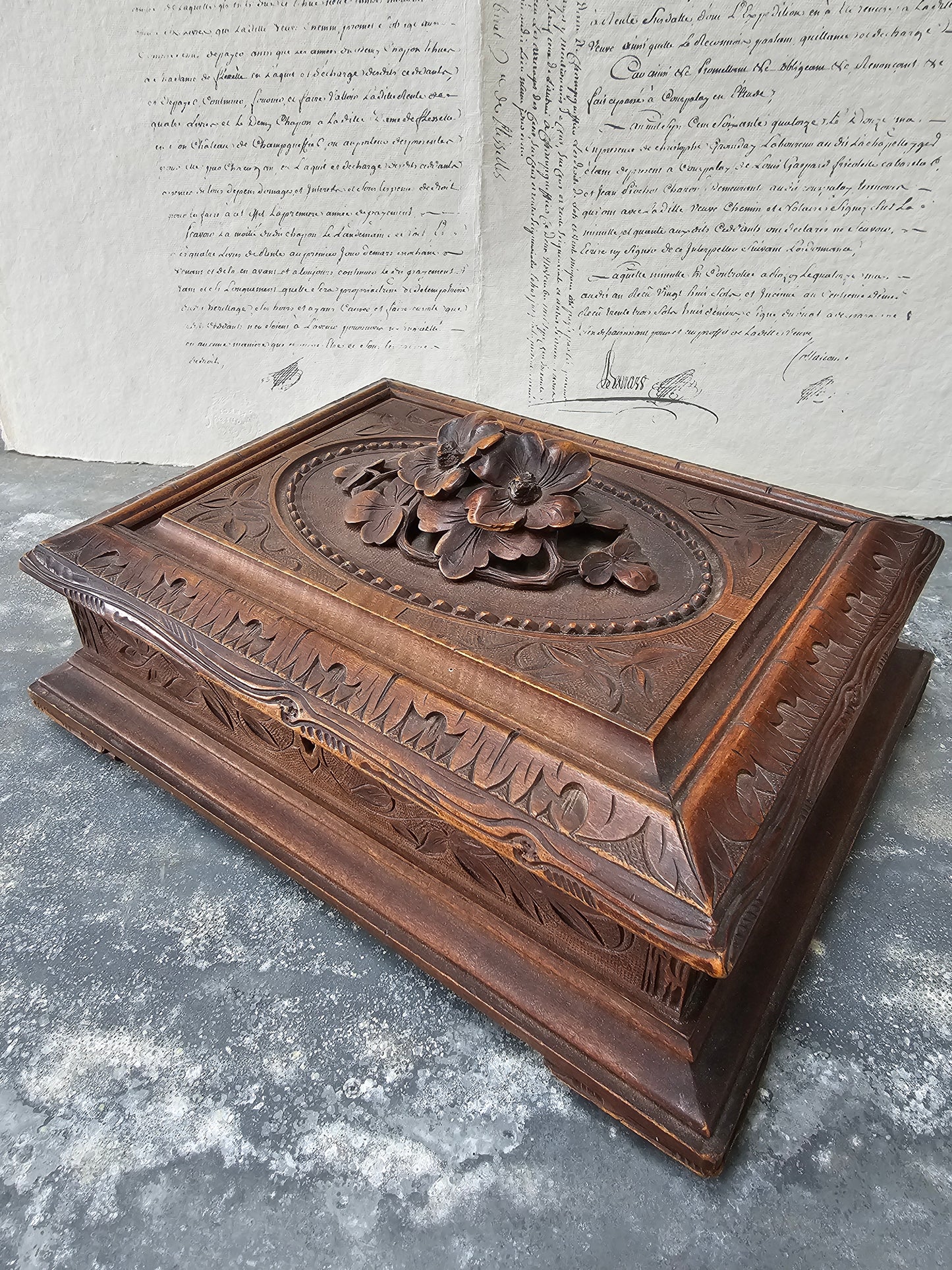 Vintage French 'Flowers' Black Forest Carved Wooden Box