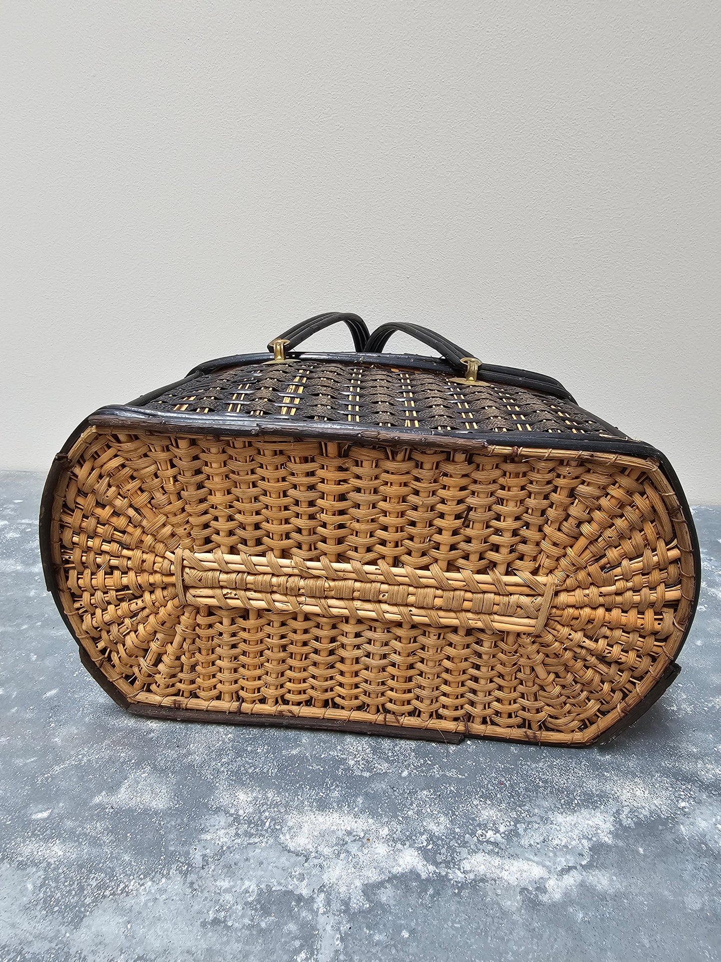Antique French Art Deco Cane Basket - Black & Ecru