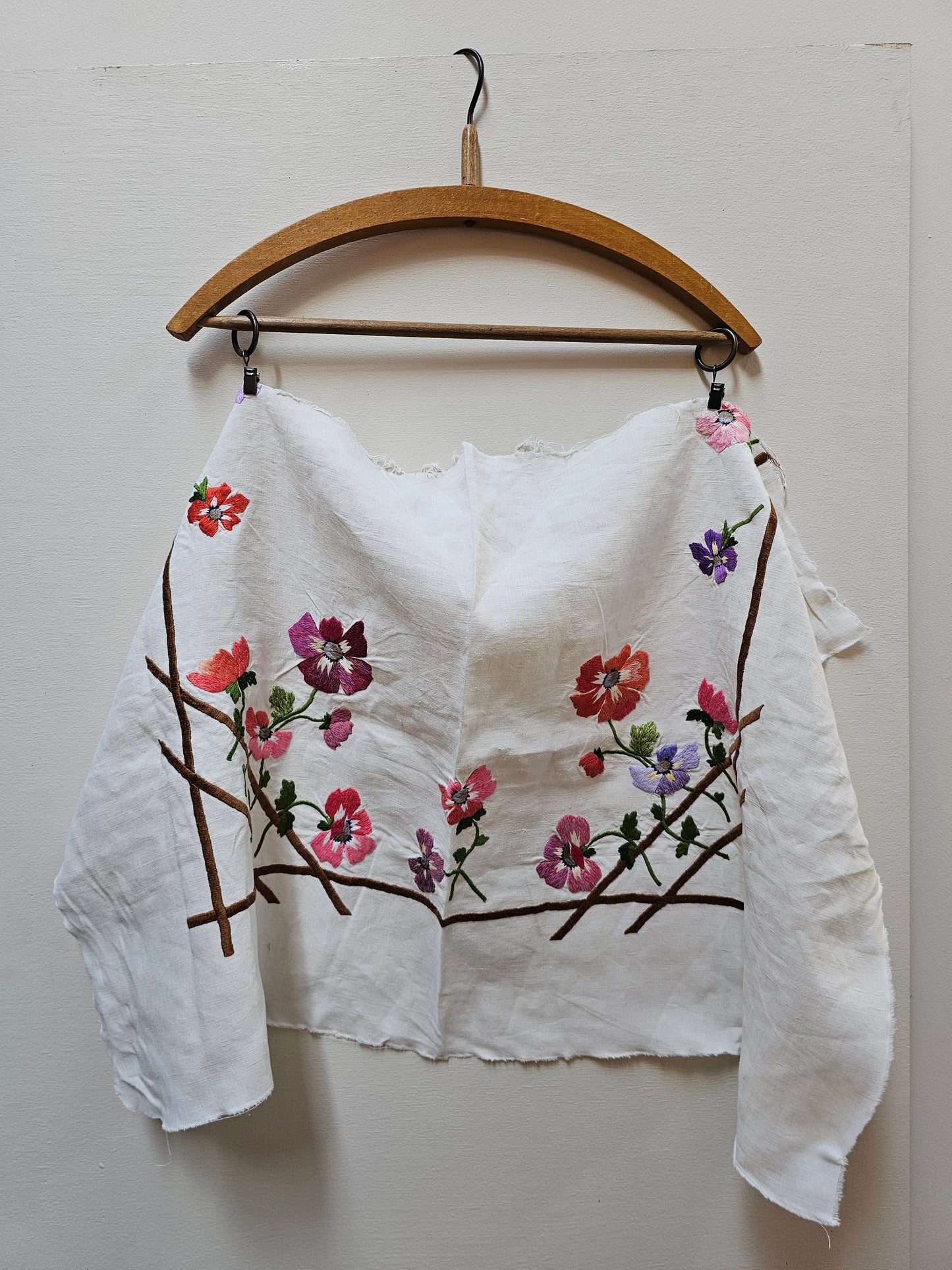 Vintage French Floral Embroidered Fabric Cotton Piece