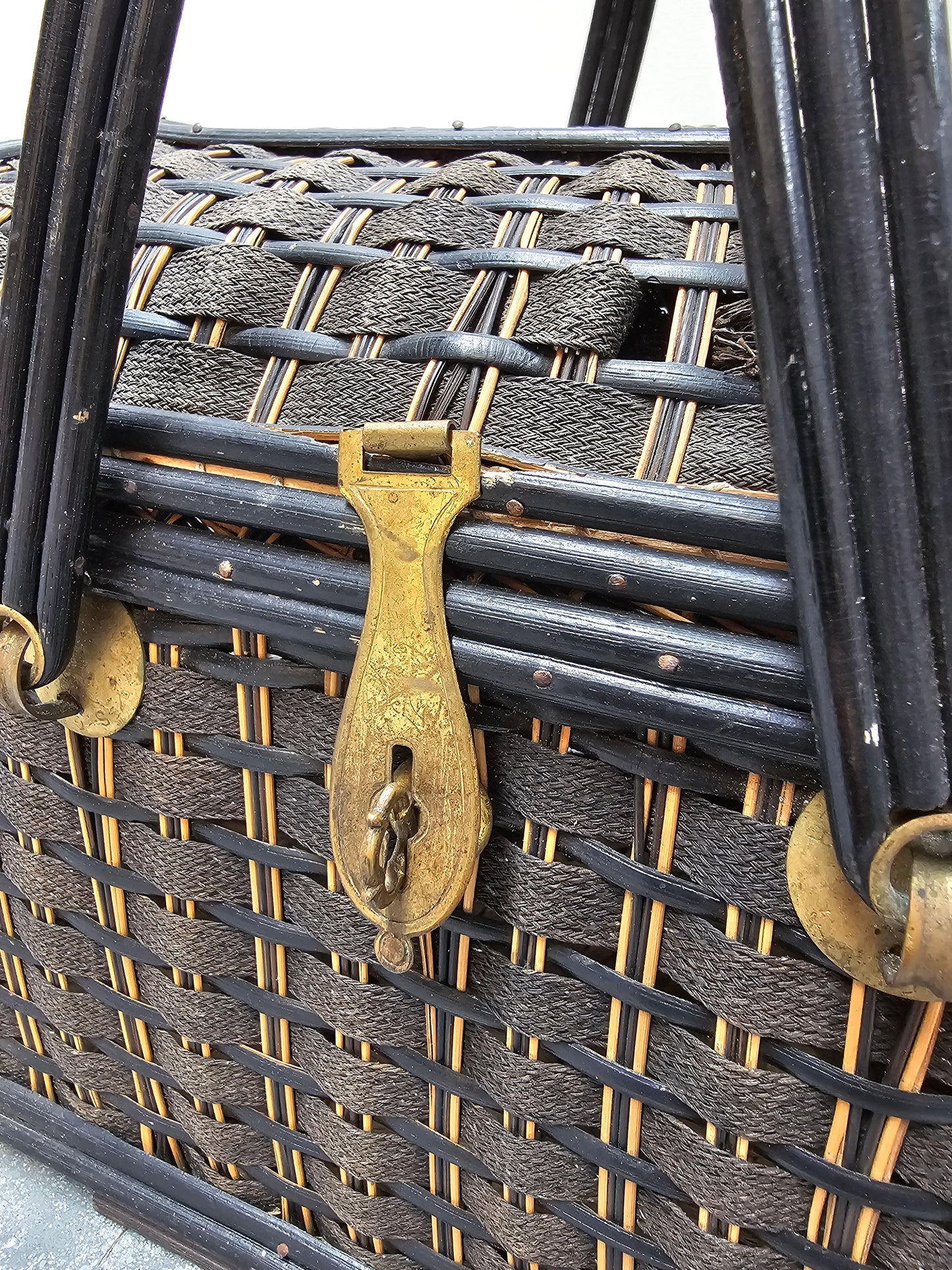Antique French Art Deco Cane Basket - Black & Ecru