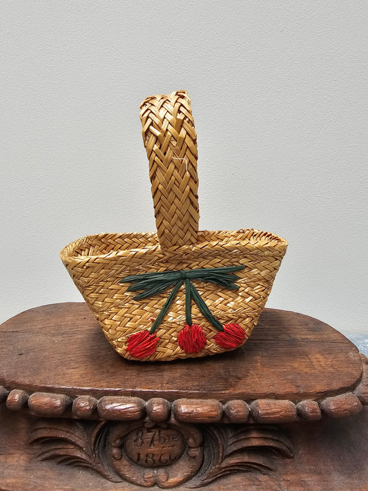Vintage French Petite Cherry Raffia Basket