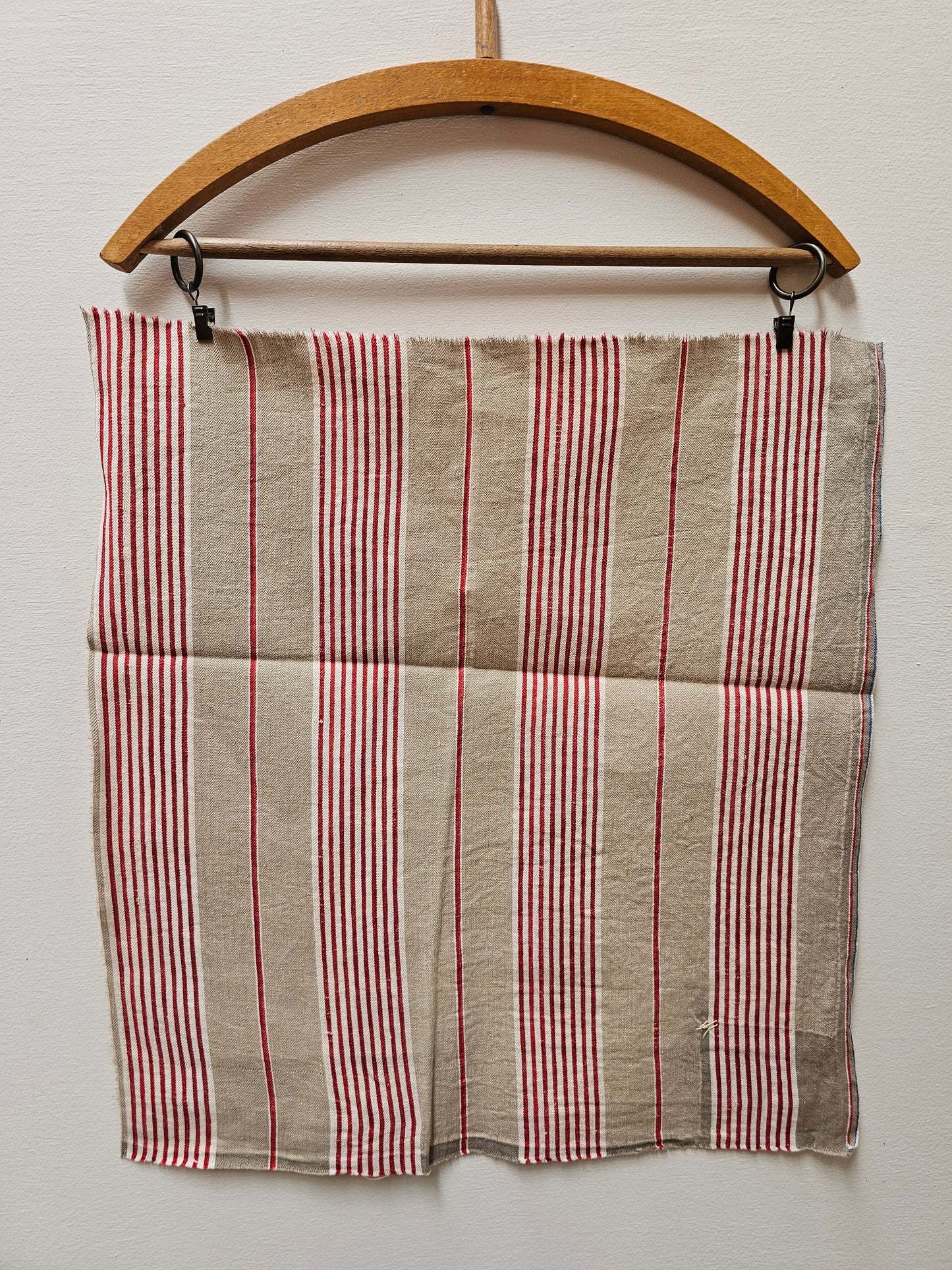 Antique French Red & Taupe Ticking Stripe Fabric Cotton Piece 40x50cm