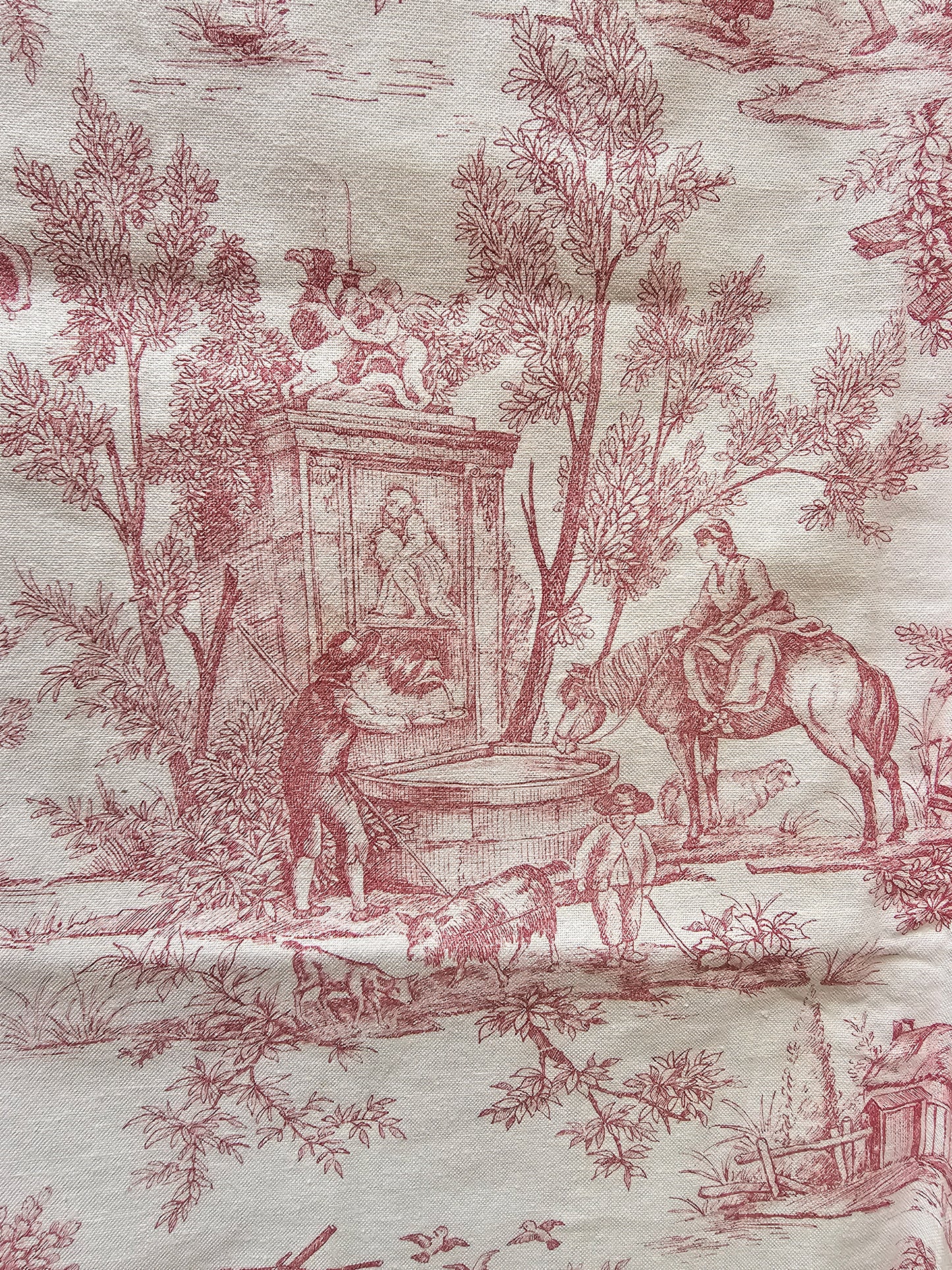 Antique French 'The Hamlet’ Raspberry Toile Fabric Cotton Piece 55x55cm