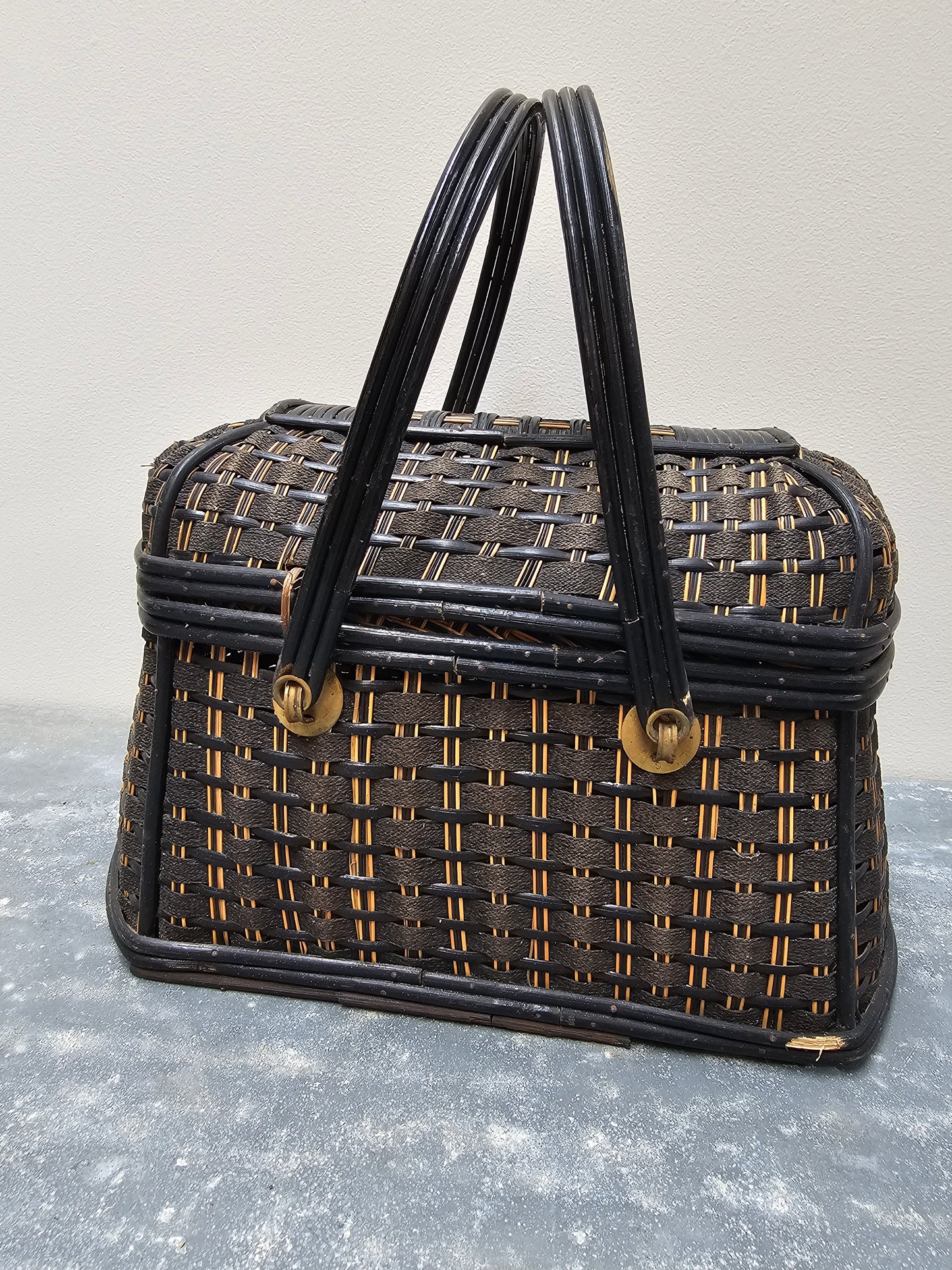 Antique French Art Deco Cane Basket - Black & Ecru