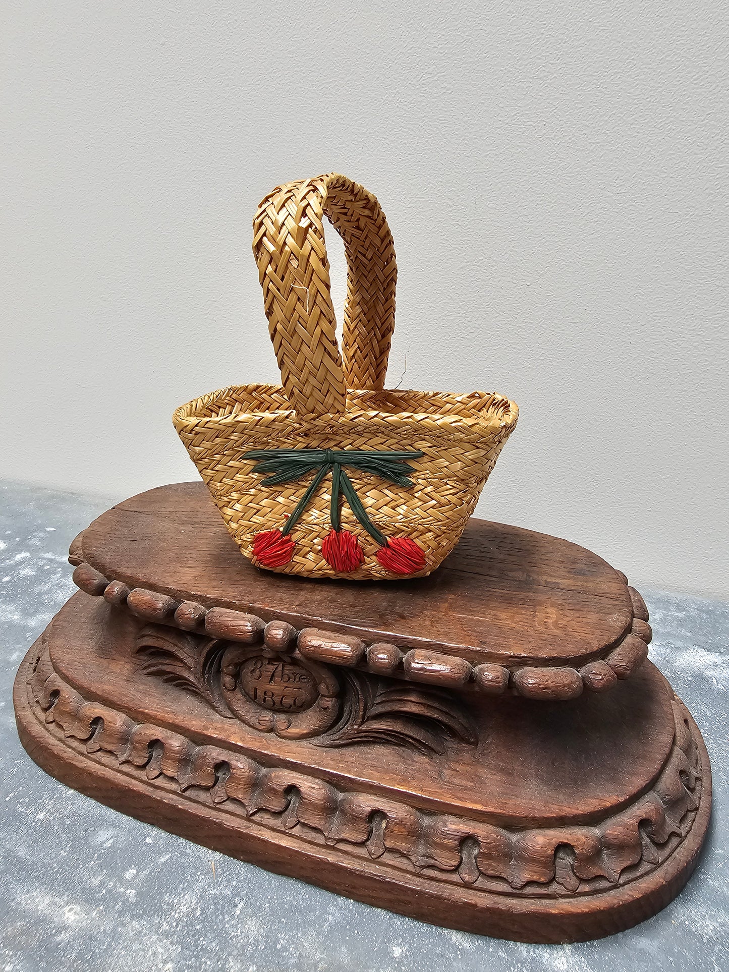 Vintage French Petite Cherry Raffia Basket